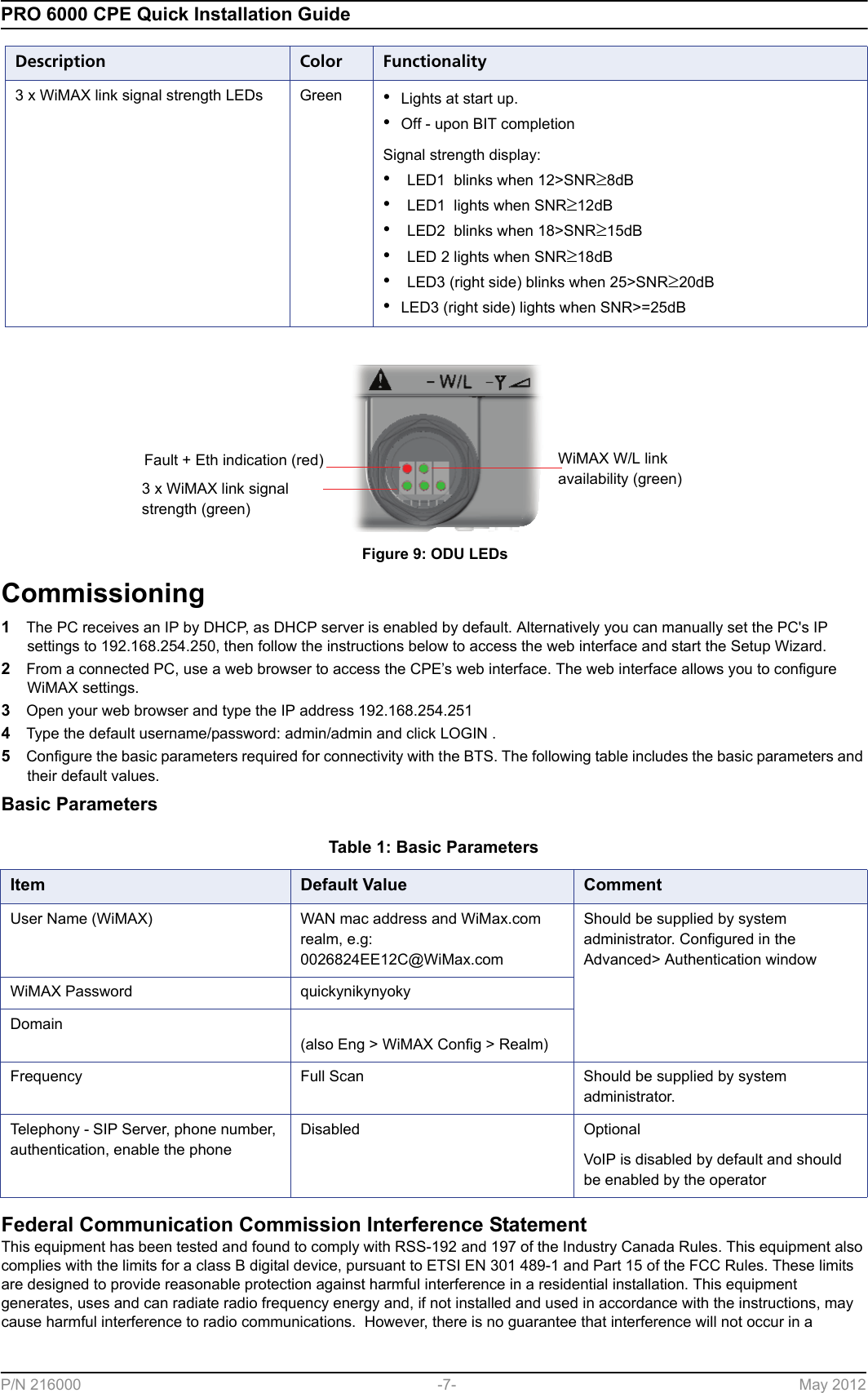 PRO 6000 CPE Quick Installation GuideP/N 216000 -7- May 2012Commissioning1The PC receives an IP by DHCP, as DHCP server is enabled by default. Alternatively you can manually set the PC&apos;s IP settings to 192.168.254.250, then follow the instructions below to access the web interface and start the Setup Wizard.2From a connected PC, use a web browser to access the CPE’s web interface. The web interface allows you to configure WiMAX settings.3Open your web browser and type the IP address 192.168.254.2514Type the default username/password: admin/admin and click LOGIN .5Configure the basic parameters required for connectivity with the BTS. The following table includes the basic parameters and their default values.Basic ParametersFederal Communication Commission Interference StatementThis equipment has been tested and found to comply with RSS-192 and 197 of the Industry Canada Rules. This equipment also complies with the limits for a class B digital device, pursuant to ETSI EN 301 489-1 and Part 15 of the FCC Rules. These limits are designed to provide reasonable protection against harmful interference in a residential installation. This equipment generates, uses and can radiate radio frequency energy and, if not installed and used in accordance with the instructions, may cause harmful interference to radio communications.  However, there is no guarantee that interference will not occur in a 3 x WiMAX link signal strength LEDs  Green •Lights at start up. •Off - upon BIT completion Signal strength display:•LED1  blinks when 12&gt;SNR≥8dB•LED1  lights when SNR≥12dB•LED2  blinks when 18&gt;SNR≥15dB•LED 2 lights when SNR≥18dB•LED3 (right side) blinks when 25&gt;SNR≥20dB•LED3 (right side) lights when SNR&gt;=25dBFigure 9: ODU LEDsTable 1: Basic Parameters Item Default Value CommentUser Name (WiMAX) WAN mac address and WiMax.com realm, e.g: 0026824EE12C@WiMax.comShould be supplied by system administrator. Configured in the Advanced&gt; Authentication windowWiMAX Password quickynikynyoky Domain  (also Eng &gt; WiMAX Config &gt; Realm)Frequency Full Scan Should be supplied by system administrator.Telephony - SIP Server, phone number, authentication, enable the phoneDisabled Optional VoIP is disabled by default and should be enabled by the operatorDescription Color FunctionalityFault + Eth indication (red)3 x WiMAX link signal strength (green)WiMAX W/L link availability (green)