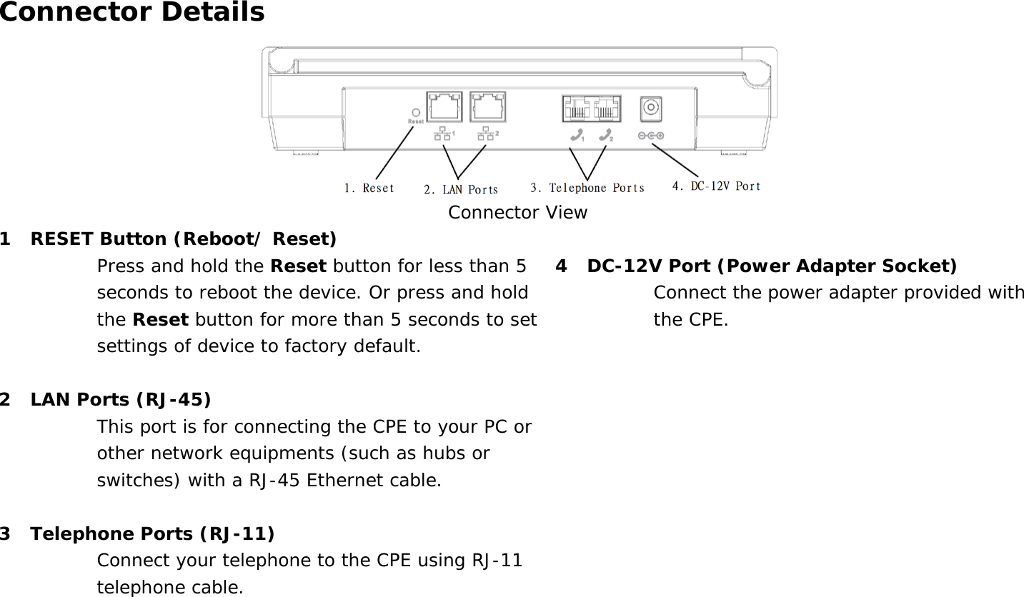 User Manual 11 Connector Details  Connector View 1 RESET Button (Reboot/ Reset)            Press and hold the Reset button for less than 5 seconds to reboot the device. Or press and hold the Reset button for more than 5 seconds to set settings of device to factory default.  2 LAN Ports (RJ-45)            This port is for connecting the CPE to your PC or other network equipments (such as hubs or switches) with a RJ-45 Ethernet cable.  3 Telephone Ports (RJ-11)            Connect your telephone to the CPE using RJ-11 telephone cable.  4 DC-12V Port (Power Adapter Socket)            Connect the power adapter provided with the CPE.  