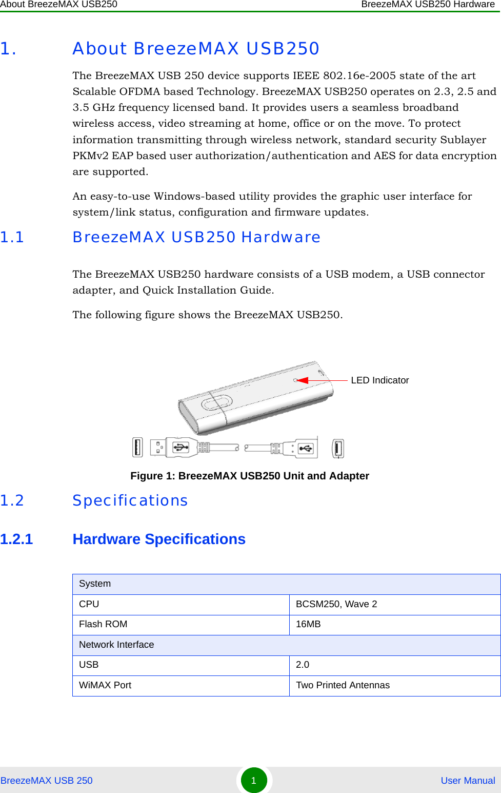 About BreezeMAX USB250 BreezeMAX USB250 HardwareBreezeMAX USB 250 1 User Manual1. About BreezeMAX USB250The BreezeMAX USB 250 device supports IEEE 802.16e-2005 state of the art Scalable OFDMA based Technology. BreezeMAX USB250 operates on 2.3, 2.5 and 3.5 GHz frequency licensed band. It provides users a seamless broadband wireless access, video streaming at home, office or on the move. To protect information transmitting through wireless network, standard security Sublayer PKMv2 EAP based user authorization/authentication and AES for data encryption are supported.An easy-to-use Windows-based utility provides the graphic user interface for system/link status, configuration and firmware updates.1.1 BreezeMAX USB250 HardwareThe BreezeMAX USB250 hardware consists of a USB modem, a USB connector adapter, and Quick Installation Guide.The following figure shows the BreezeMAX USB250.1.2 Specifications1.2.1 Hardware SpecificationsFigure 1: BreezeMAX USB250 Unit and AdapterSystemCPU BCSM250, Wave 2Flash ROM 16MB Network InterfaceUSB 2.0WiMAX Port Two Printed AntennasLED Indicator