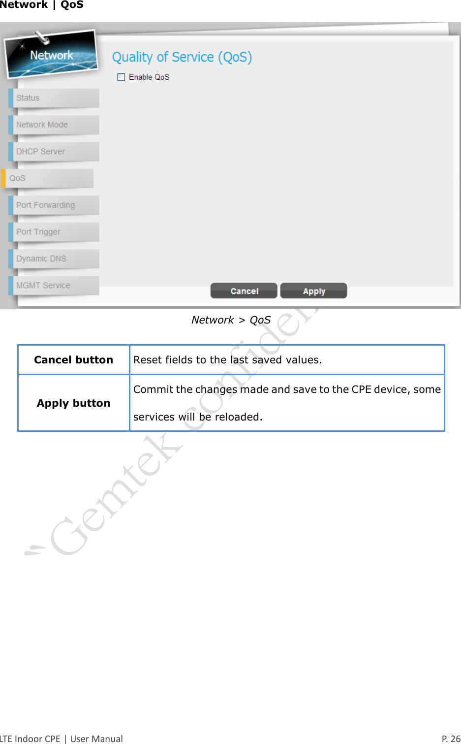  LTE Indoor CPE | User Manual      P. 26 Network | QoS  Network &gt; QoS  Cancel button Reset fields to the last saved values. Apply button Commit the changes made and save to the CPE device, some services will be reloaded.  