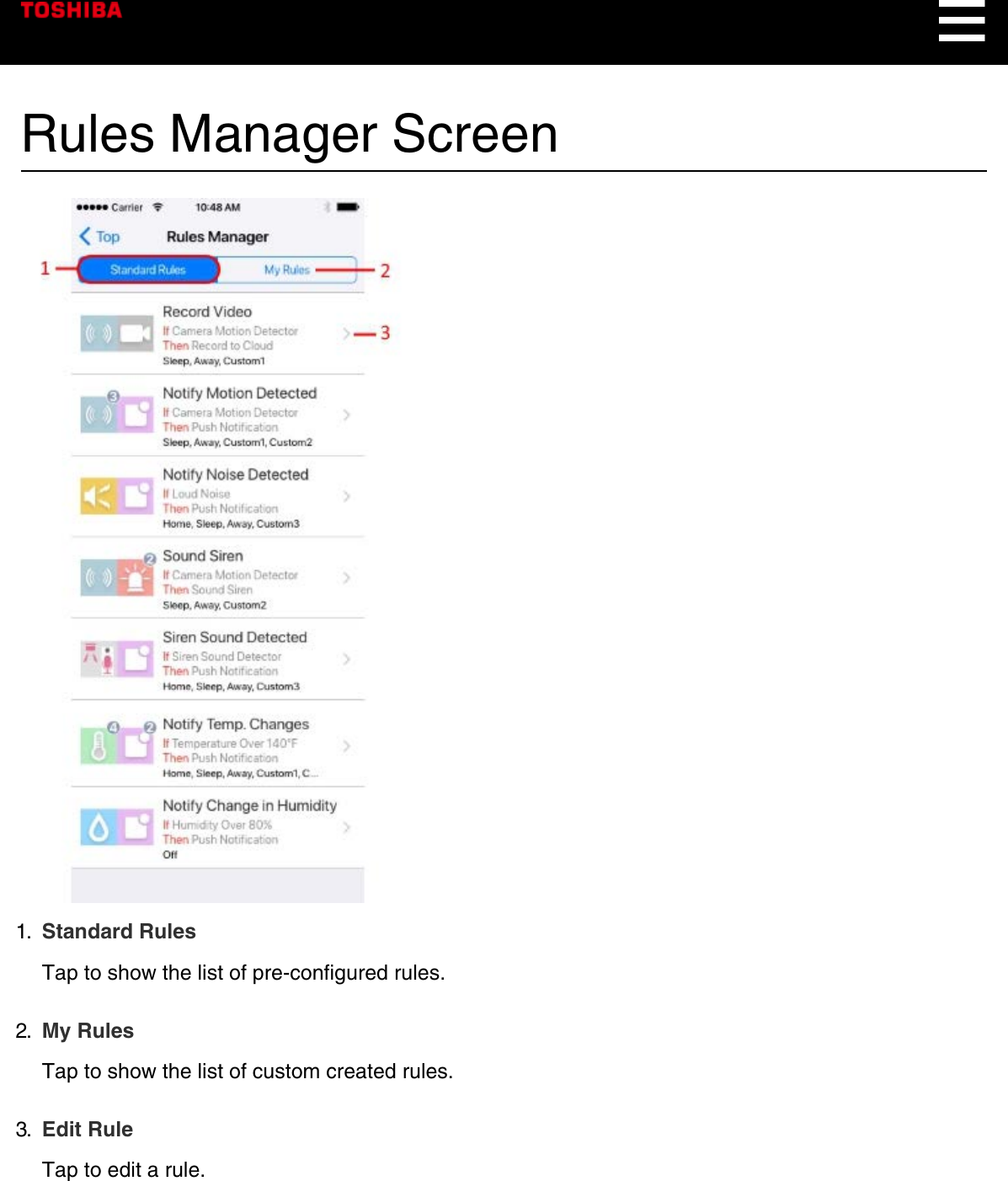 Rules Manager Screen1.  Standard RulesTap to show the list of pre-configured rules.2.  My RulesTap to show the list of custom created rules.3.  Edit RuleTap to edit a rule.