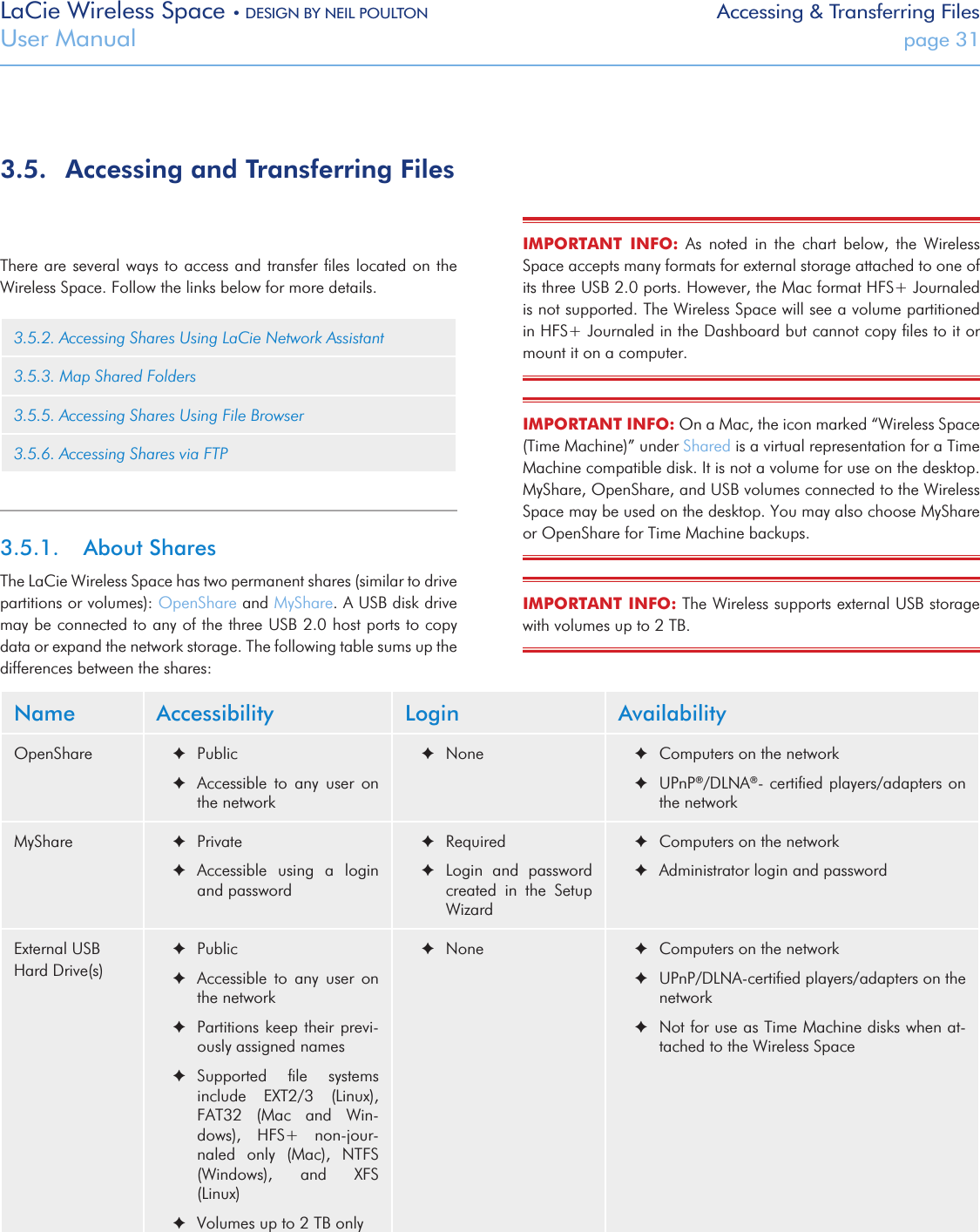 LaCie Wireless Space • DESIGN BY NEIL POULTON Accessing &amp; Transferring FilesUser Manual  page 31There are  several ways to access and transfer ﬁles located on the Wireless Space. Follow the links below for more details.3.5.2. Accessing Shares Using LaCie Network Assistant3.5.3. Map Shared Folders3.5.5. Accessing Shares Using File Browser3.5.6. Accessing Shares via FTP3.5.1.  About SharesThe LaCie Wireless Space has two permanent shares (similar to drive partitions or volumes): OpenShare and MyShare. A USB disk drive may be connected to any of the three USB 2.0 host ports to copy data or expand the network storage. The following table sums up the differences between the shares:Name Accessibility Login AvailabilityOpenShare  ✦Public ✦Accessible  to  any  user  on the network ✦None  ✦Computers on the network  ✦UPnP®/DLNA®- certiﬁed players/adapters on the networkMyShare  ✦Private ✦Accessible  using  a  login and password ✦Required  ✦Login  and  password created  in  the  Setup Wizard ✦Computers on the network ✦Administrator login and password External USB Hard Drive(s) ✦Public  ✦Accessible  to  any  user  on the network ✦Partitions keep their previ-ously assigned names ✦Supported  ﬁle  systems include  EXT2/3  (Linux), FAT32  (Mac  and  Win-dows),  HFS+  non-jour-naled  only  (Mac),  NTFS (Windows),  and  XFS  (Linux) ✦Volumes up to 2 TB only ✦None  ✦Computers on the network  ✦UPnP/DLNA-certiﬁed players/adapters on the network ✦Not for use as Time Machine disks when at-tached to the Wireless Space 3.5.  Accessing and Transferring FilesIMPORTANT  INFO:  As  noted  in  the  chart  below,  the  Wireless Space accepts many formats for external storage attached to one of its three USB 2.0 ports. However, the Mac format HFS+ Journaled is not supported. The Wireless Space will see a volume partitioned in HFS+ Journaled in the Dashboard but cannot copy ﬁles to it or mount it on a computer.  IMPORTANT INFO: On a Mac, the icon marked “Wireless Space (Time Machine)” under Shared is a virtual representation for a Time Machine compatible disk. It is not a volume for use on the desktop. MyShare, OpenShare, and USB volumes connected to the Wireless Space may be used on the desktop. You may also choose MyShare or OpenShare for Time Machine backups.IMPORTANT INFO: The Wireless supports external USB storage with volumes up to 2 TB.