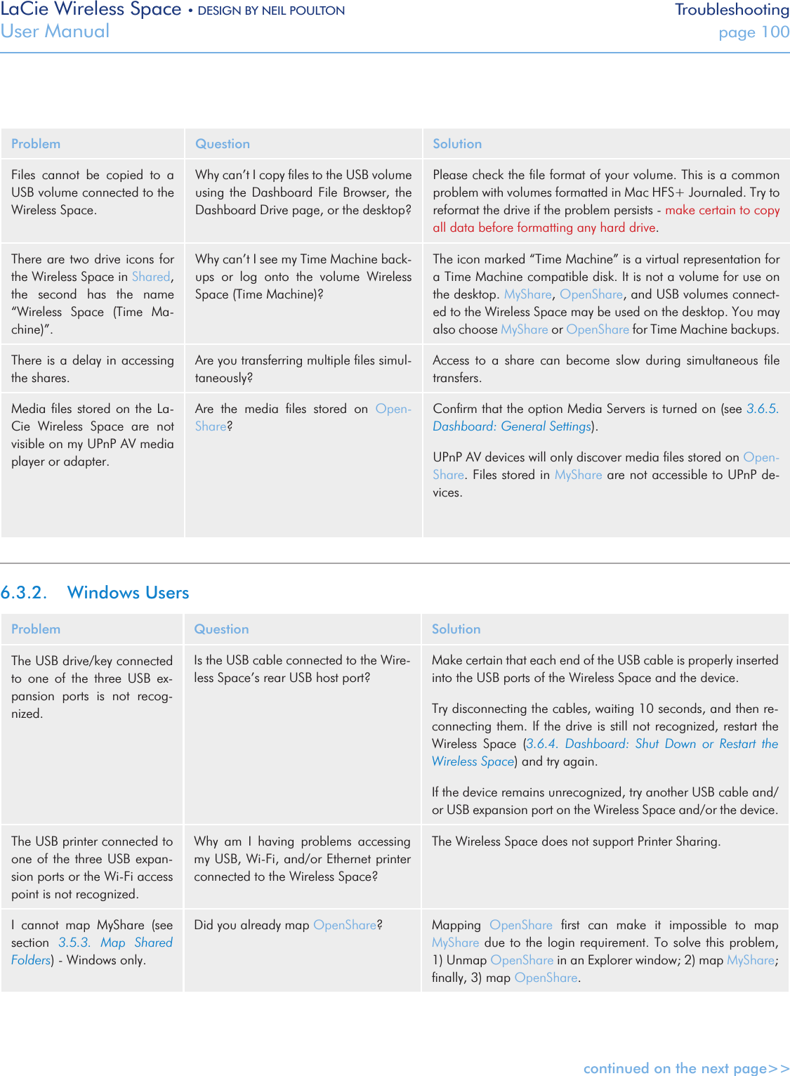 LaCie Wireless Space • DESIGN BY NEIL POULTON TroubleshootingUser Manual  page 100Problem Question SolutionFiles  cannot  be  copied  to  a USB volume connected to the  Wireless Space.Why can’t I copy ﬁles to the USB volume using  the  Dashboard  File Browser, the Dashboard Drive page, or the desktop?Please check the ﬁle format of your volume. This is a common problem with volumes formatted in Mac HFS+ Journaled. Try to reformat the drive if the problem persists - make certain to copy all data before formatting any hard drive.There are two  drive icons for the Wireless Space in Shared, the  second  has  the  name “Wireless  Space  (Time  Ma-chine)”. Why can’t I see my Time Machine back-ups  or  log  onto  the  volume  Wireless Space (Time Machine)?The icon marked “Time Machine” is a virtual representation for a Time Machine compatible disk. It is not a volume for use on the desktop. MyShare, OpenShare, and USB volumes connect-ed to the Wireless Space may be used on the desktop. You may also choose MyShare or OpenShare for Time Machine backups.There is a delay in accessing the shares.Are you transferring multiple ﬁles simul-taneously? Access  to  a  share  can  become  slow  during  simultaneous  ﬁle transfers.Media ﬁles stored on the La-Cie  Wireless  Space  are  not visible on my UPnP AV media player or adapter.Are  the  media  ﬁles  stored  on  Open-Share?Conﬁrm that the option Media Servers is turned on (see 3.6.5. Dashboard: General Settings).UPnP AV devices will only discover media ﬁles stored on Open-Share. Files stored in MyShare are not accessible to UPnP de-vices.  6.3.2.  Windows UsersProblem Question SolutionThe USB drive/key connected to  one  of  the  three  USB  ex-pansion  ports  is  not  recog-nized.Is the USB cable connected to the Wire-less Space’s rear USB host port?Make certain that each end of the USB cable is properly inserted into the USB ports of the Wireless Space and the device. Try disconnecting the cables, waiting 10 seconds, and then re-connecting them. If the drive is still not recognized, restart the Wireless  Space  (3.6.4.  Dashboard:  Shut  Down  or  Restart  the Wireless Space) and try again.If the device remains unrecognized, try another USB cable and/or USB expansion port on the Wireless Space and/or the device.The USB printer connected to one of the three  USB expan-sion ports or the Wi-Fi access point is not recognized.Why  am  I  having  problems  accessing my USB, Wi-Fi, and/or Ethernet printer connected to the Wireless Space?The Wireless Space does not support Printer Sharing. I  cannot  map  MyShare  (see section  3.5.3.  Map  Shared Folders) - Windows only.Did you already map OpenShare? Mapping  OpenShare  ﬁrst  can  make  it  impossible  to  map MyShare due to the login requirement. To solve this problem, 1) Unmap OpenShare in an Explorer window; 2) map MyShare; ﬁnally, 3) map OpenShare.  continued on the next page&gt;&gt;