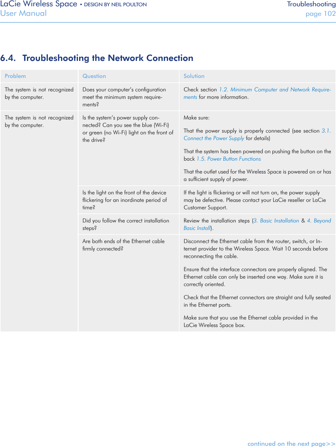 LaCie Wireless Space • DESIGN BY NEIL POULTON TroubleshootingUser Manual  page 1026.4.  Troubleshooting the Network ConnectionProblem Question SolutionThe system is not recognized by the computer.Does your computer’s conﬁguration meet the minimum system require-ments?Check section 1.2.  Minimum Computer and  Network Require-ments for more information.The system is not recognized by the computer.Is the system’s power supply con-nected? Can you see the blue (Wi-Fi) or green (no Wi-Fi) light on the front of the drive?Make sure:That the power supply  is  properly connected (see section 3.1. Connect the Power Supply for details)That the system has been powered on pushing the button on the back 1.5. Power Button FunctionsThat the outlet used for the Wireless Space is powered on or has a sufﬁcient supply of power.Is the light on the front of the device ﬂickering for an inordinate period of time?If the light is ﬂickering or will not turn on, the power supply may be defective. Please contact your LaCie reseller or LaCie Customer Support.Did you follow the correct installation steps?Review the installation steps (3. Basic  Installation &amp; 4. Beyond Basic Install).Are both ends of the Ethernet cable ﬁrmly connected?Disconnect the Ethernet cable from the router, switch, or In-ternet provider to the Wireless Space. Wait 10 seconds before reconnecting the cable.Ensure that the interface connectors are properly aligned. The Ethernet cable can only be inserted one way. Make sure it is correctly oriented.Check that the Ethernet connectors are straight and fully seated in the Ethernet ports.Make sure that you use the Ethernet cable provided in the LaCie Wireless Space box.continued on the next page&gt;&gt;