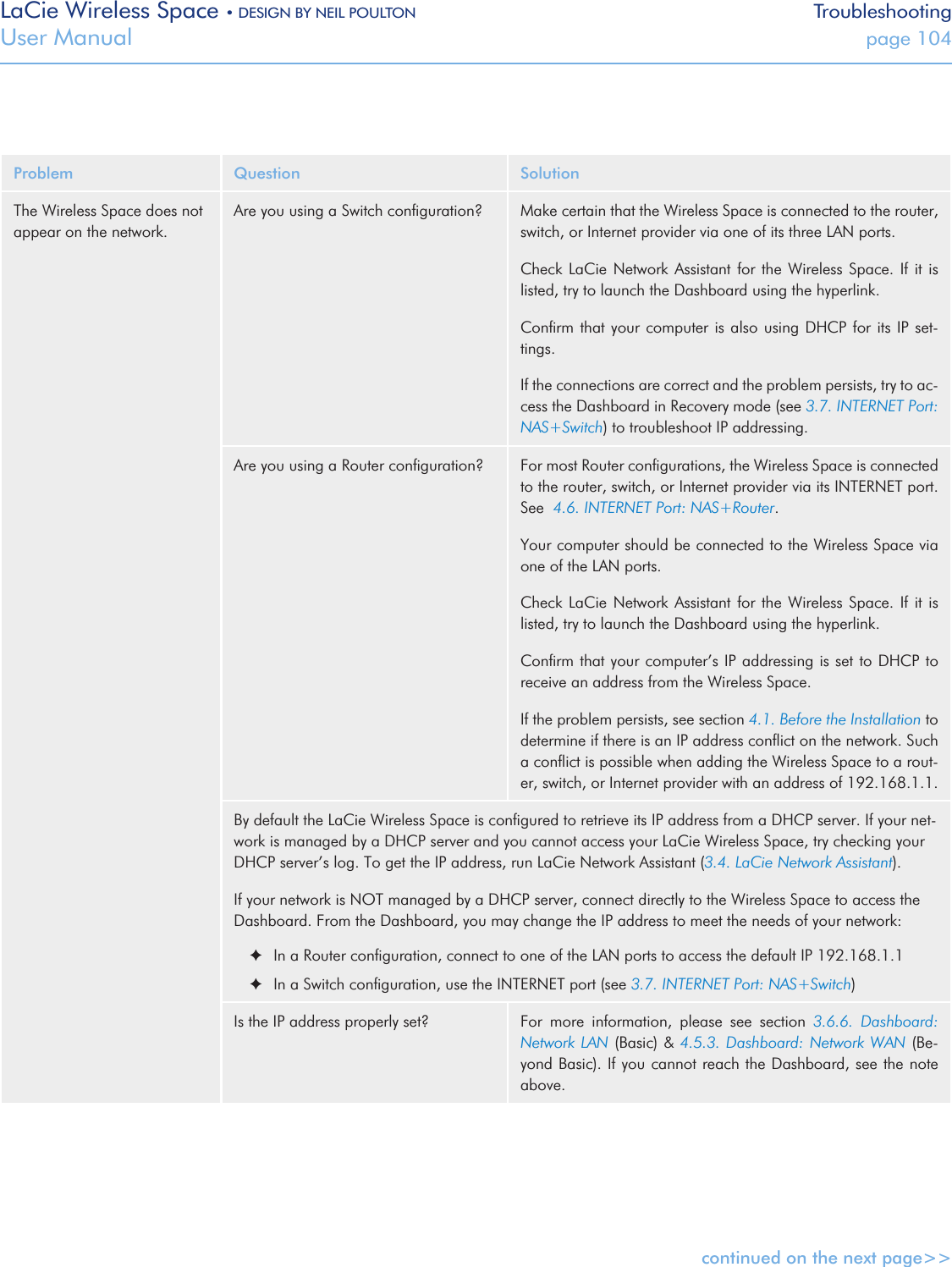 LaCie Wireless Space • DESIGN BY NEIL POULTON TroubleshootingUser Manual  page 104Problem Question SolutionThe Wireless Space does not appear on the network. Are you using a Switch conﬁguration? Make certain that the Wireless Space is connected to the router, switch, or Internet provider via one of its three LAN ports.Check LaCie Network Assistant for  the  Wireless  Space.  If  it  is listed, try to launch the Dashboard using the hyperlink. Conﬁrm that your computer  is also using DHCP for its  IP set-tings.If the connections are correct and the problem persists, try to ac-cess the Dashboard in Recovery mode (see 3.7. INTERNET Port: NAS+Switch) to troubleshoot IP addressing.Are you using a Router conﬁguration? For most Router conﬁgurations, the Wireless Space is connected to the router, switch, or Internet provider via its INTERNET port. See  4.6. INTERNET Port: NAS+Router.Your computer should be connected to the Wireless Space via one of the LAN ports.Check LaCie Network Assistant for  the  Wireless  Space.  If  it  is listed, try to launch the Dashboard using the hyperlink. Conﬁrm that your computer’s IP addressing is set to DHCP to receive an address from the Wireless Space.If the problem persists, see section 4.1. Before the Installation to determine if there is an IP address conﬂict on the network. Such a conﬂict is possible when adding the Wireless Space to a rout-er, switch, or Internet provider with an address of 192.168.1.1.By default the LaCie Wireless Space is conﬁgured to retrieve its IP address from a DHCP server. If your net-work is managed by a DHCP server and you cannot access your LaCie Wireless Space, try checking your DHCP server’s log. To get the IP address, run LaCie Network Assistant (3.4. LaCie Network Assistant).  If your network is NOT managed by a DHCP server, connect directly to the Wireless Space to access the Dashboard. From the Dashboard, you may change the IP address to meet the needs of your network: ✦In a Router conﬁguration, connect to one of the LAN ports to access the default IP 192.168.1.1 ✦In a Switch conﬁguration, use the INTERNET port (see 3.7. INTERNET Port: NAS+Switch)Is the IP address properly set? For  more  information,  please  see  section  3.6.6.  Dashboard: Network LAN (Basic) &amp; 4.5.3. Dashboard: Network WAN (Be-yond Basic). If you cannot reach the Dashboard, see the note above.continued on the next page&gt;&gt;