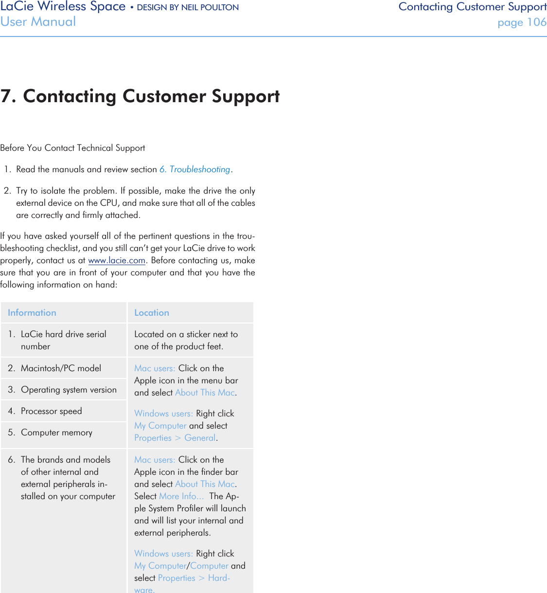 LaCie Wireless Space • DESIGN BY NEIL POULTON Contacting Customer SupportUser Manual  page 106Before You Contact Technical Support1.  Read the manuals and review section 6. Troubleshooting.2.  Try to isolate the problem. If possible, make the drive the only external device on the CPU, and make sure that all of the cables are correctly and ﬁrmly attached.If you have asked yourself all of the pertinent questions in the trou-bleshooting checklist, and you still can’t get your LaCie drive to work properly, contact us at www.lacie.com. Before contacting us, make sure that you are in front of your computer and that you have the following information on hand:Information Location1.  LaCie hard drive serial numberLocated on a sticker next to one of the product feet.2.  Macintosh/PC model Mac users: Click on the Apple icon in the menu bar and select About This Mac.Windows users: Right click My Computer and select Properties &gt; General.3.  Operating system version4.  Processor speed5.  Computer memory6.  The brands and models of other internal and external peripherals in-stalled on your computer Mac users: Click on the Apple icon in the ﬁnder bar and select About This Mac.  Select More Info...  The Ap-ple System Proﬁler will launch and will list your internal and external peripherals.Windows users: Right click My Computer/Computer and select Properties &gt; Hard-ware. 7. Contacting Customer Support
