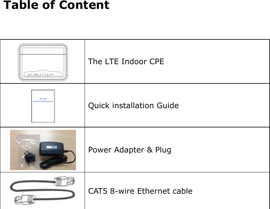 Table of Content                    The LTE Indoor CPE  Quick installation Guide  Power Adapter &amp; Plug  CAT5 8-wire Ethernet cable 