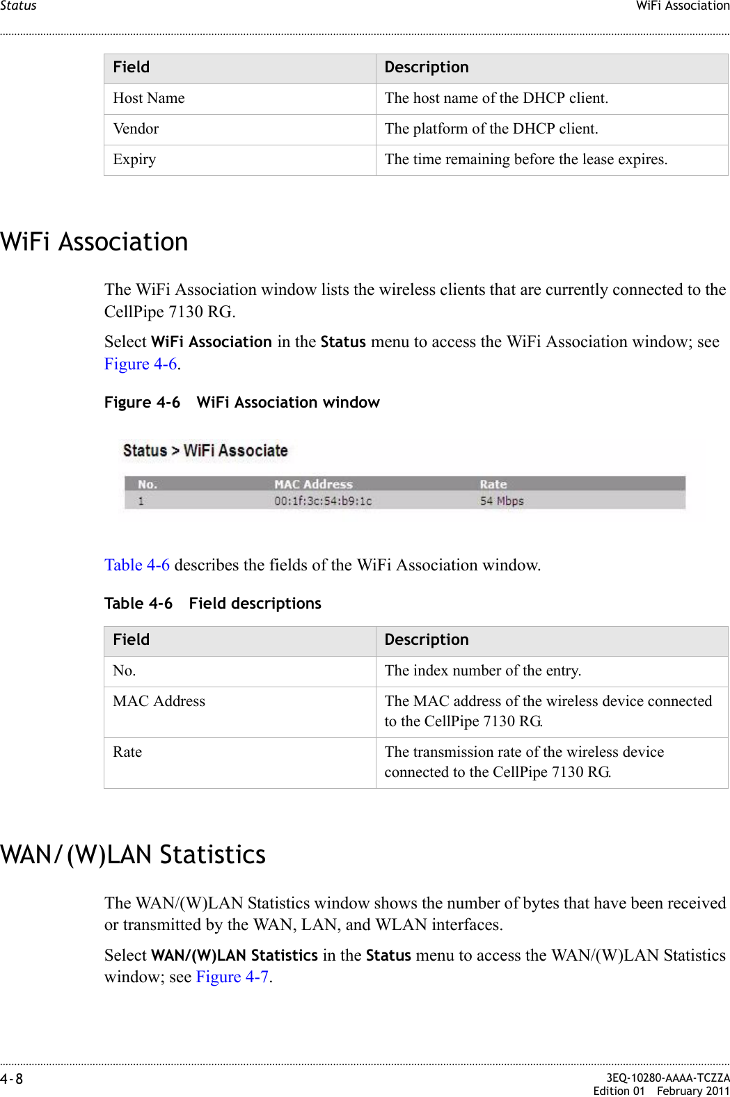 ............................................................................................................................................................................................................................................................WiFi AssociationStatus4-8  3EQ-10280-AAAA-TCZZAEdition 01 February 2011............................................................................................................................................................................................................................................................WiFi AssociationThe WiFi Association window lists the wireless clients that are currently connected to the CellPipe 7130 RG.Select WiFi Association in the Status menu to access the WiFi Association window; see Figure 4-6.Figure 4-6 WiFi Association windowTable 4-6 describes the fields of the WiFi Association window.Table 4-6 Field descriptionsWAN/(W)LAN StatisticsThe WAN/(W)LAN Statistics window shows the number of bytes that have been received or transmitted by the WAN, LAN, and WLAN interfaces.Select WAN/(W)LAN Statistics in the Status menu to access the WAN/(W)LAN Statistics window; see Figure 4-7.Host Name The host name of the DHCP client.Vendor  The platform of the DHCP client.Expiry The time remaining before the lease expires.Field DescriptionField DescriptionNo. The index number of the entry.MAC Address The MAC address of the wireless device connected to the CellPipe 7130 RG.Rate The transmission rate of the wireless device connected to the CellPipe 7130 RG.