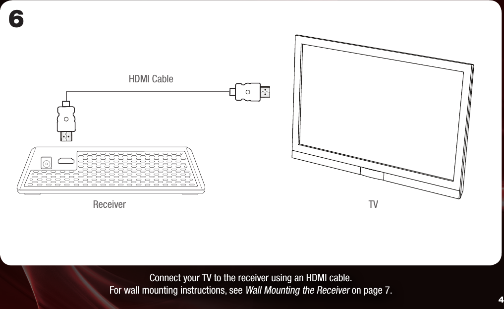 6Connect your TV to the receiver using an HDMI cable. For wall mounting instructions, see Wall Mounting the Receiver on page 7.HDMI CableReceiver TV4