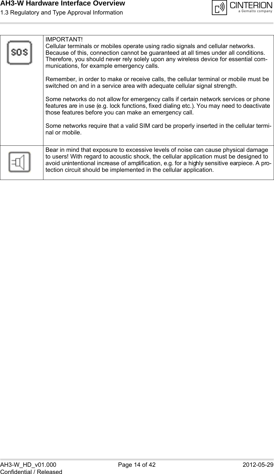 AH3-W Hardware Interface Overview1.3 Regulatory and Type Approval Information14AH3-W_HD_v01.000 Page 14 of 42 2012-05-29Confidential / ReleasedIMPORTANT!Cellular terminals or mobiles operate using radio signals and cellular networks. Because of this, connection cannot be guaranteed at all times under all conditions. Therefore, you should never rely solely upon any wireless device for essential com-munications, for example emergency calls. Remember, in order to make or receive calls, the cellular terminal or mobile must be switched on and in a service area with adequate cellular signal strength.Some networks do not allow for emergency calls if certain network services or phone features are in use (e.g. lock functions, fixed dialing etc.). You may need to deactivate those features before you can make an emergency call.Some networks require that a valid SIM card be properly inserted in the cellular termi-nal or mobile.Bear in mind that exposure to excessive levels of noise can cause physical damage to users! With regard to acoustic shock, the cellular application must be designed to avoid unintentional increase of amplification, e.g. for a highly sensitive earpiece. A pro-tection circuit should be implemented in the cellular application.