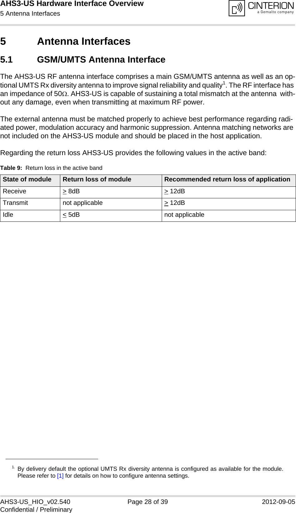 AHS3-US Hardware Interface Overview5 Antenna Interfaces31AHS3-US_HIO_v02.540 Page 28 of 39 2012-09-05Confidential / Preliminary5 Antenna Interfaces5.1 GSM/UMTS Antenna InterfaceThe AHS3-US RF antenna interface comprises a main GSM/UMTS antenna as well as an op-tional UMTS Rx diversity antenna to improve signal reliability and quality1. The RF interface has an impedance of 50. AHS3-US is capable of sustaining a total mismatch at the antenna  with-out any damage, even when transmitting at maximum RF power.The external antenna must be matched properly to achieve best performance regarding radi-ated power, modulation accuracy and harmonic suppression. Antenna matching networks are not included on the AHS3-US module and should be placed in the host application. Regarding the return loss AHS3-US provides the following values in the active band:1. By delivery default the optional UMTS Rx diversity antenna is configured as available for the module.Please refer to [1] for details on how to configure antenna settings.Table 9:  Return loss in the active bandState of module Return loss of module Recommended return loss of applicationReceive &gt; 8dB &gt; 12dBTransmit not applicable  &gt; 12dBIdle &lt; 5dB not applicable