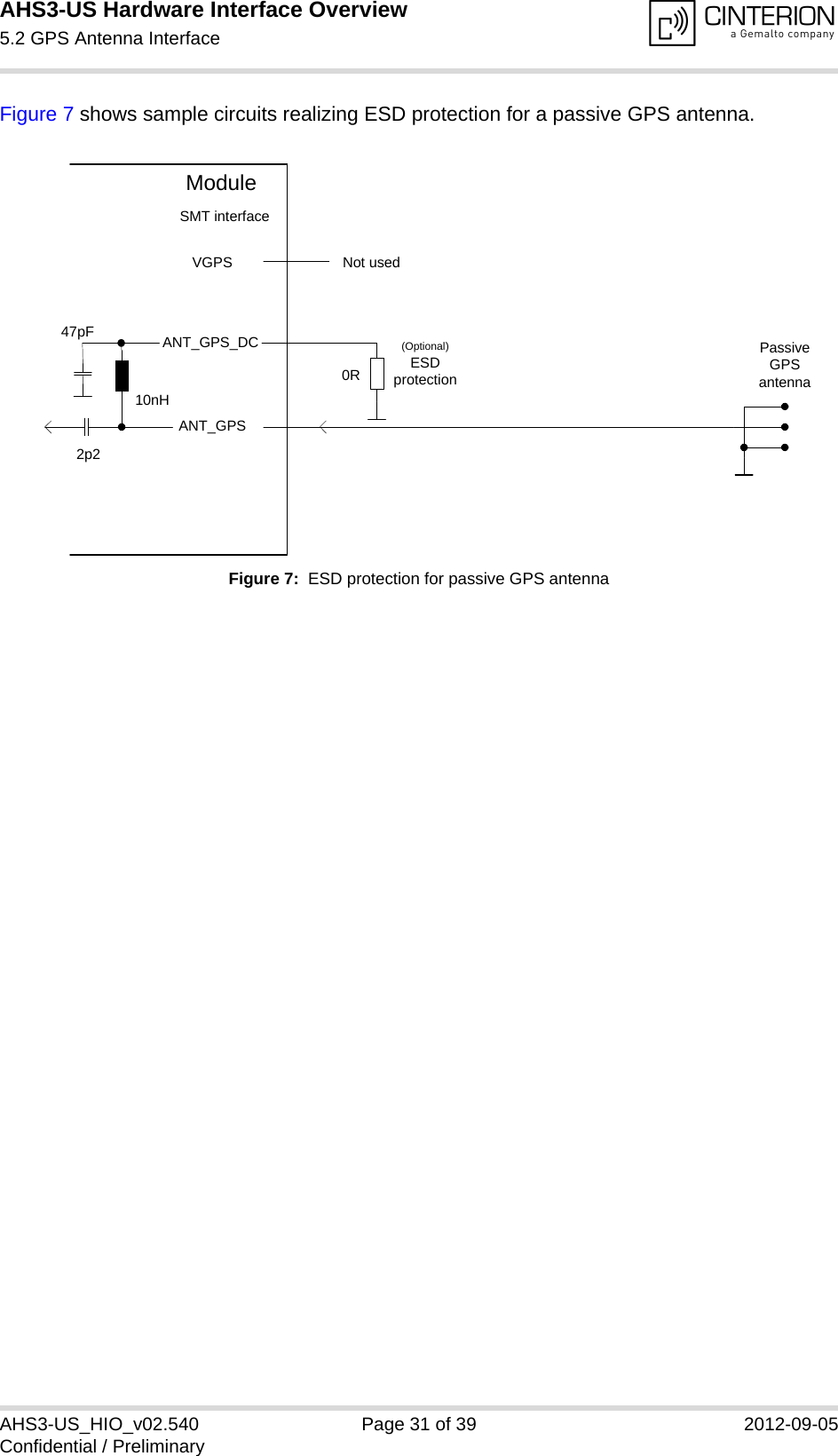 AHS3-US Hardware Interface Overview5.2 GPS Antenna Interface31AHS3-US_HIO_v02.540 Page 31 of 39 2012-09-05Confidential / PreliminaryFigure 7 shows sample circuits realizing ESD protection for a passive GPS antenna.Figure 7:  ESD protection for passive GPS antennaVGPSANT_GPSPassive GPS antenna10nH47pF2p2ModuleSMT interfaceANT_GPS_DC (Optional)ESDprotection0RNot used