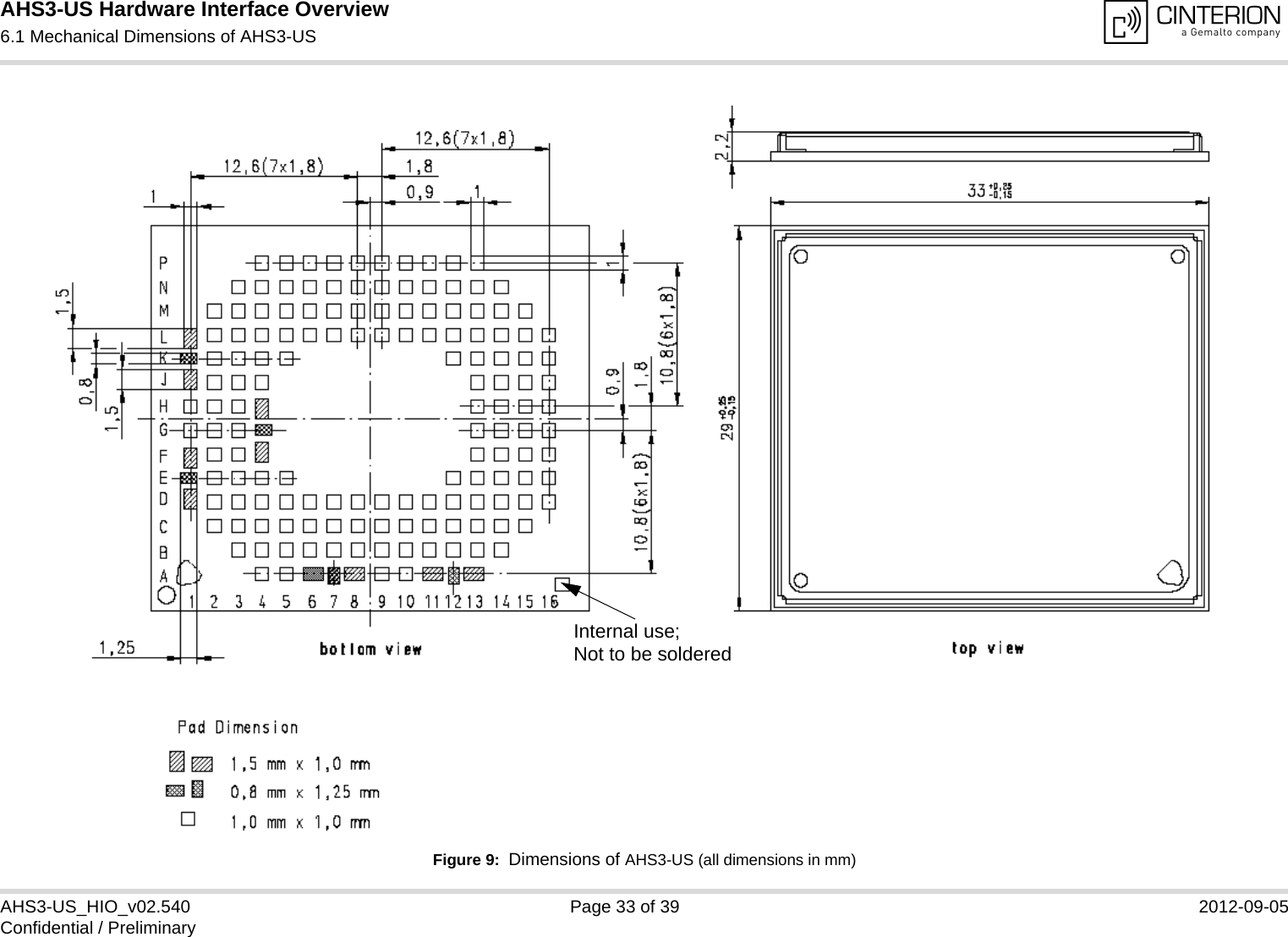 AHS3-US Hardware Interface Overview6.1 Mechanical Dimensions of AHS3-US33AHS3-US_HIO_v02.540 Page 33 of 39 2012-09-05Confidential / PreliminaryFigure 9:  Dimensions of AHS3-US (all dimensions in mm)Internal use; Not to be soldered