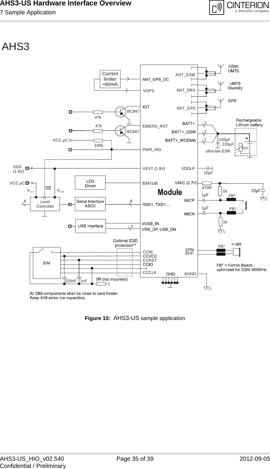 AHS3-US Hardware Interface Overview7 Sample Application35AHS3-US_HIO_v02.540 Page 35 of 39 2012-09-05Confidential / PreliminaryFigure 10:  AHS3-US sample application47k100kVCC µC47kEMERG_RSTPWR_INDCCCLKCCRSTCCIN220nFAGNDEPP1k1kBC847BC8471nFAHS3 2222470R8FB*FB*FB*LevelController8VEXT (1.8V)1µF1µFVCCBVCCAVCC µCVDD(1.8V)100µF...220µFultra low ESRANT_DRXANT_GSMANT_GPSCurrentlimiter&lt;60mAVGPSOEVDDLP 10µF