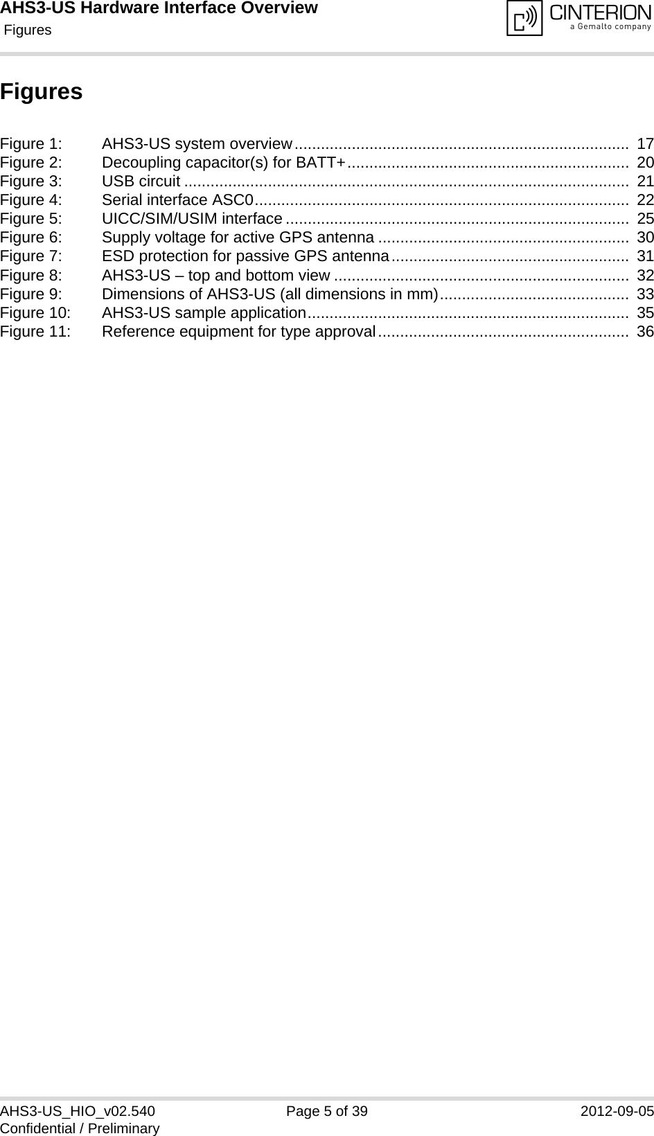 AHS3-US Hardware Interface Overview Figures5AHS3-US_HIO_v02.540 Page 5 of 39 2012-09-05Confidential / PreliminaryFiguresFigure 1: AHS3-US system overview............................................................................  17Figure 2: Decoupling capacitor(s) for BATT+................................................................  20Figure 3: USB circuit .....................................................................................................  21Figure 4: Serial interface ASC0.....................................................................................  22Figure 5: UICC/SIM/USIM interface ..............................................................................  25Figure 6: Supply voltage for active GPS antenna .........................................................  30Figure 7: ESD protection for passive GPS antenna......................................................  31Figure 8: AHS3-US – top and bottom view ...................................................................  32Figure 9: Dimensions of AHS3-US (all dimensions in mm)...........................................  33Figure 10: AHS3-US sample application.........................................................................  35Figure 11: Reference equipment for type approval.........................................................  36