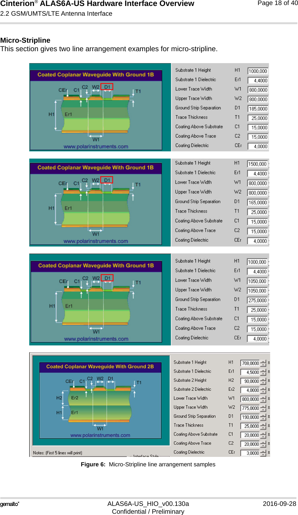 Cinterion® ALAS6A-US Hardware Interface Overview2.2 GSM/UMTS/LTE Antenna Interface22ALAS6A-US_HIO_v00.130a 2016-09-28Confidential / PreliminaryPage 18 of 40Micro-StriplineThis section gives two line arrangement examples for micro-stripline. Figure 6:  Micro-Stripline line arrangement samples