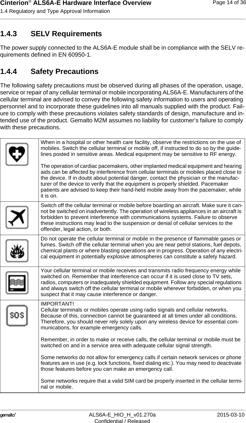 Cinterion® ALS6A-E Hardware Interface Overview1.4 Regulatory and Type Approval Information14ALS6A-E_HIO_H_v01.270a 2015-03-10Confidential / ReleasedPage 14 of 361.4.3 SELV RequirementsThe power supply connected to the ALS6A-E module shall be in compliance with the SELV re-quirements defined in EN 60950-1.1.4.4 Safety PrecautionsThe following safety precautions must be observed during all phases of the operation, usage, service or repair of any cellular terminal or mobile incorporating ALS6A-E. Manufacturers of the cellular terminal are advised to convey the following safety information to users and operating personnel and to incorporate these guidelines into all manuals supplied with the product. Fail-ure to comply with these precautions violates safety standards of design, manufacture and in-tended use of the product. Gemalto M2M assumes no liability for customer’s failure to comply with these precautions.When in a hospital or other health care facility, observe the restrictions on the use of mobiles. Switch the cellular terminal or mobile off, if instructed to do so by the guide-lines posted in sensitive areas. Medical equipment may be sensitive to RF energy.The operation of cardiac pacemakers, other implanted medical equipment and hearing aids can be affected by interference from cellular terminals or mobiles placed close to the device. If in doubt about potential danger, contact the physician or the manufac-turer of the device to verify that the equipment is properly shielded. Pacemaker patients are advised to keep their hand-held mobile away from the pacemaker, while it is on. Switch off the cellular terminal or mobile before boarding an aircraft. Make sure it can-not be switched on inadvertently. The operation of wireless appliances in an aircraft is forbidden to prevent interference with communications systems. Failure to observe these instructions may lead to the suspension or denial of cellular services to the offender, legal action, or both.Do not operate the cellular terminal or mobile in the presence of flammable gases or fumes. Switch off the cellular terminal when you are near petrol stations, fuel depots, chemical plants or where blasting operations are in progress. Operation of any electri-cal equipment in potentially explosive atmospheres can constitute a safety hazard.Your cellular terminal or mobile receives and transmits radio frequency energy while switched on. Remember that interference can occur if it is used close to TV sets, radios, computers or inadequately shielded equipment. Follow any special regulations and always switch off the cellular terminal or mobile wherever forbidden, or when you suspect that it may cause interference or danger.IMPORTANT!Cellular terminals or mobiles operate using radio signals and cellular networks. Because of this, connection cannot be guaranteed at all times under all conditions. Therefore, you should never rely solely upon any wireless device for essential com-munications, for example emergency calls. Remember, in order to make or receive calls, the cellular terminal or mobile must be switched on and in a service area with adequate cellular signal strength.Some networks do not allow for emergency calls if certain network services or phone features are in use (e.g. lock functions, fixed dialing etc.). You may need to deactivate those features before you can make an emergency call.Some networks require that a valid SIM card be properly inserted in the cellular termi-nal or mobile.