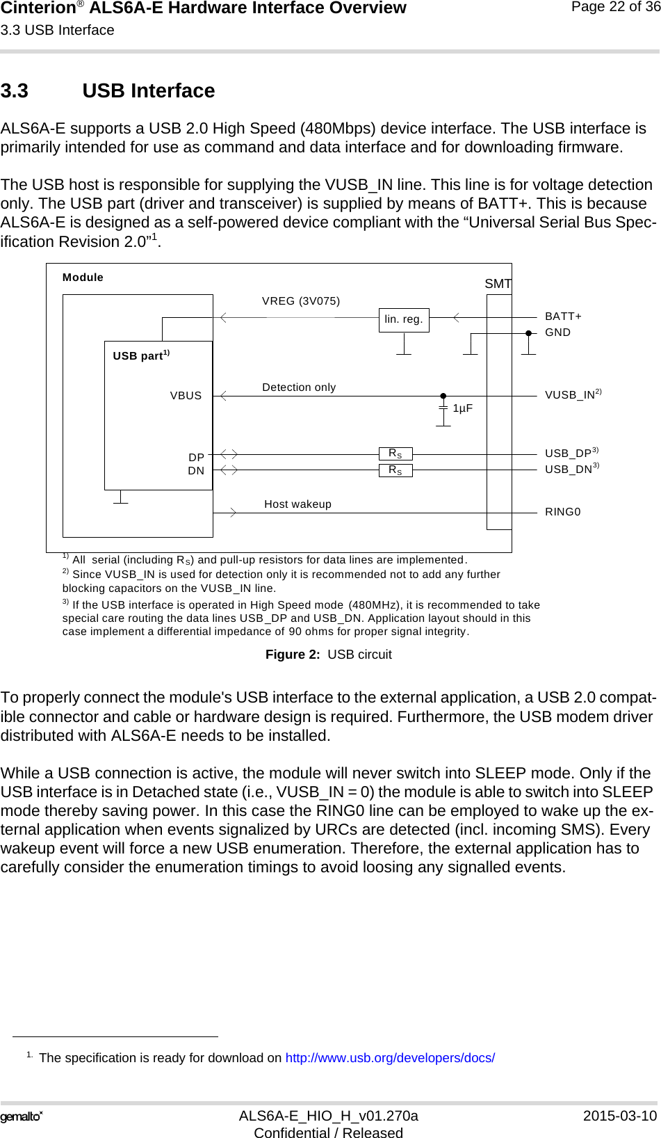 Cinterion® ALS6A-E Hardware Interface Overview3.3 USB Interface25ALS6A-E_HIO_H_v01.270a 2015-03-10Confidential / ReleasedPage 22 of 363.3 USB InterfaceALS6A-E supports a USB 2.0 High Speed (480Mbps) device interface. The USB interface is primarily intended for use as command and data interface and for downloading firmware. The USB host is responsible for supplying the VUSB_IN line. This line is for voltage detection only. The USB part (driver and transceiver) is supplied by means of BATT+. This is because ALS6A-E is designed as a self-powered device compliant with the “Universal Serial Bus Spec-ification Revision 2.0”1.Figure 2:  USB circuitTo properly connect the module&apos;s USB interface to the external application, a USB 2.0 compat-ible connector and cable or hardware design is required. Furthermore, the USB modem driver distributed with ALS6A-E needs to be installed.While a USB connection is active, the module will never switch into SLEEP mode. Only if the USB interface is in Detached state (i.e., VUSB_IN = 0) the module is able to switch into SLEEP mode thereby saving power. In this case the RING0 line can be employed to wake up the ex-ternal application when events signalized by URCs are detected (incl. incoming SMS). Every wakeup event will force a new USB enumeration. Therefore, the external application has to carefully consider the enumeration timings to avoid loosing any signalled events. 1. The specification is ready for download on http://www.usb.org/developers/docs/DPDNVREG (3V075)BATT+USB_DP3)lin. reg. GNDModuleDetection only VUSB_IN2)USB part1)1) All  serial (including RS) and pull-up resistors for data lines are implemented.USB_DN3)3) If the USB interface is operated in High Speed mode  (480MHz), it is recommended to take special care routing the data lines USB_DP and USB_DN. Application layout should in this case implement a differential impedance of 90 ohms for proper signal integrity.RSRSVBUS 1µF2) Since VUSB_IN is used for detection only it is recommended not to add any further blocking capacitors on the VUSB_IN line.Host wakeup RING0SMT