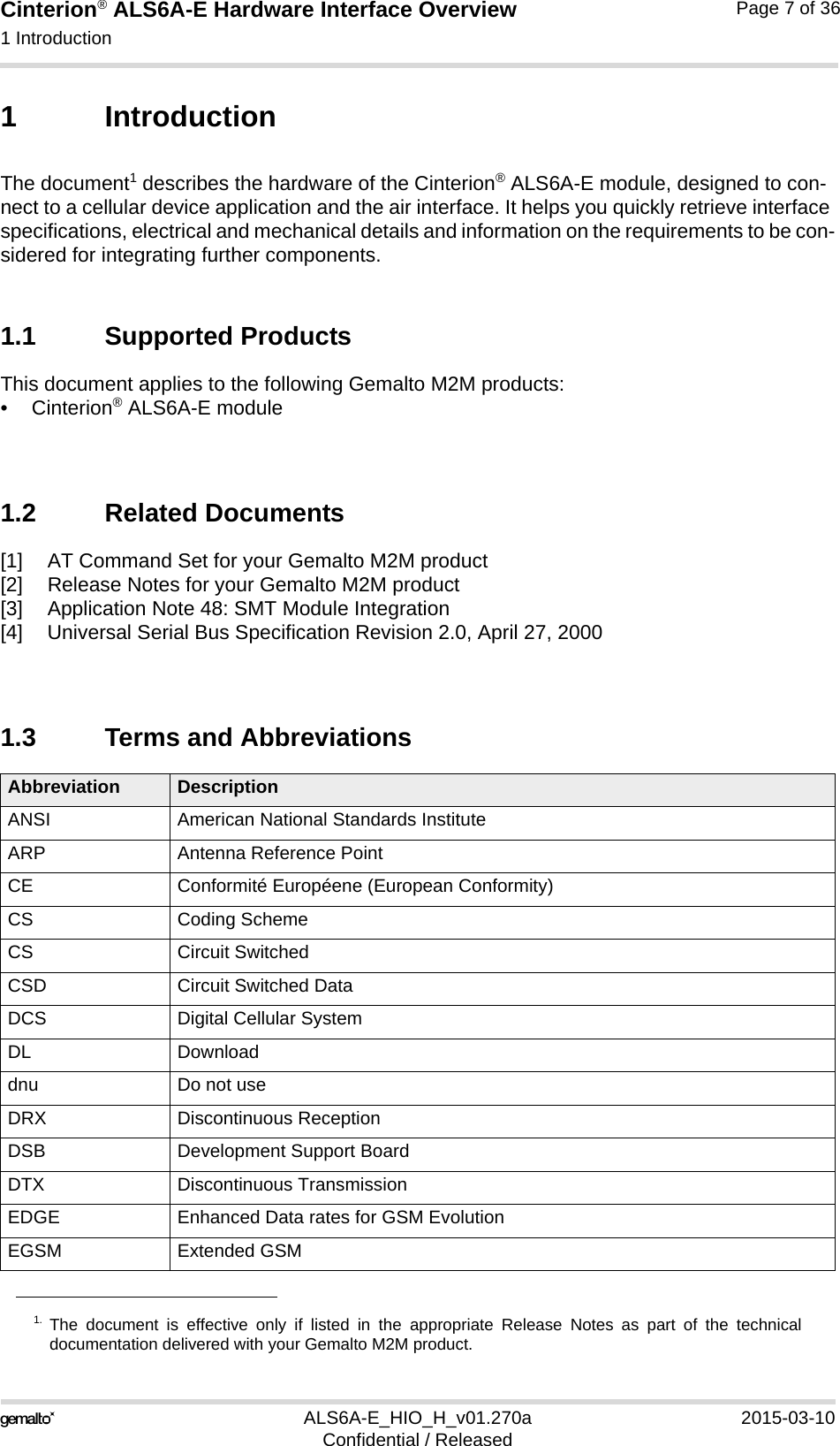 Cinterion® ALS6A-E Hardware Interface Overview1 Introduction14ALS6A-E_HIO_H_v01.270a 2015-03-10Confidential / ReleasedPage 7 of 361 IntroductionThe document1 describes the hardware of the Cinterion® ALS6A-E module, designed to con-nect to a cellular device application and the air interface. It helps you quickly retrieve interface specifications, electrical and mechanical details and information on the requirements to be con-sidered for integrating further components.1.1 Supported ProductsThis document applies to the following Gemalto M2M products:•Cinterion® ALS6A-E module1.2 Related Documents[1] AT Command Set for your Gemalto M2M product[2] Release Notes for your Gemalto M2M product[3] Application Note 48: SMT Module Integration[4] Universal Serial Bus Specification Revision 2.0, April 27, 20001.3 Terms and Abbreviations1. The document is effective only if listed in the appropriate Release Notes as part of the technicaldocumentation delivered with your Gemalto M2M product.Abbreviation DescriptionANSI American National Standards InstituteARP Antenna Reference PointCE Conformité Européene (European Conformity)CS Coding SchemeCS Circuit SwitchedCSD Circuit Switched DataDCS Digital Cellular SystemDL Downloaddnu Do not useDRX Discontinuous ReceptionDSB Development Support BoardDTX Discontinuous TransmissionEDGE Enhanced Data rates for GSM EvolutionEGSM Extended GSM