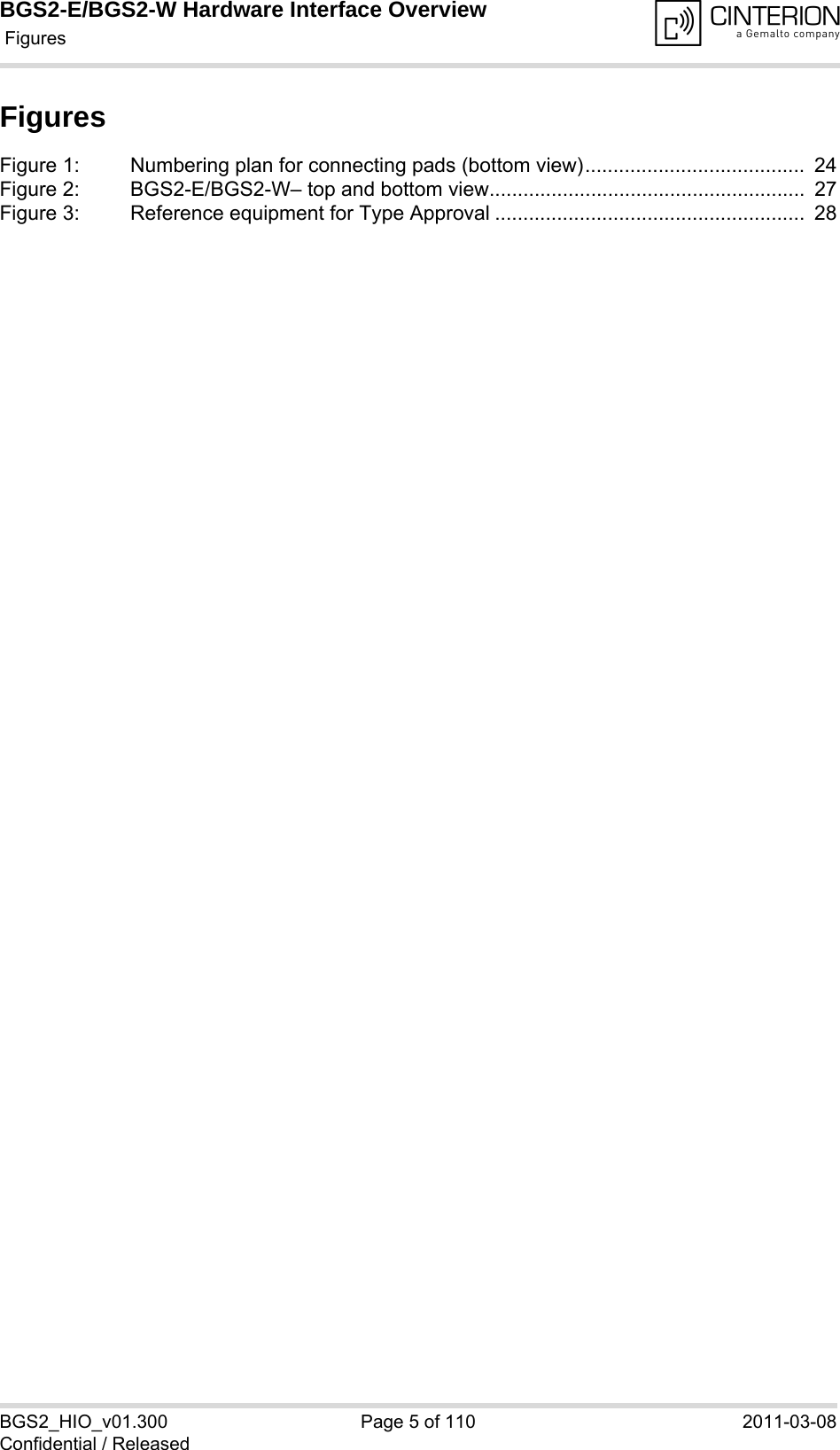BGS2-E/BGS2-W Hardware Interface Overview Figures110BGS2_HIO_v01.300 Page 5 of 110 2011-03-08Confidential / ReleasedFiguresFigure 1: Numbering plan for connecting pads (bottom view).......................................  24Figure 2: BGS2-E/BGS2-W– top and bottom view........................................................  27Figure 3: Reference equipment for Type Approval .......................................................  28