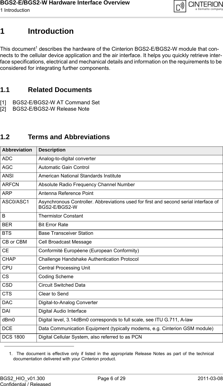 BGS2-E/BGS2-W Hardware Interface Overview1 Introduction14BGS2_HIO_v01.300 Page 6 of 29 2011-03-08Confidential / Released1 IntroductionThis document1 describes the hardware of the Cinterion BGS2-E/BGS2-W module that con-nects to the cellular device application and the air interface. It helps you quickly retrieve inter-face specifications, electrical and mechanical details and information on the requirements to be considered for integrating further components.1.1 Related Documents[1] BGS2-E/BGS2-W AT Command Set[2] BGS2-E/BGS2-W Release Note1.2 Terms and Abbreviations1.  The document is effective only if listed in the appropriate Release Notes as part of the technicaldocumentation delivered with your Cinterion product.Abbreviation DescriptionADC Analog-to-digital converterAGC Automatic Gain ControlANSI American National Standards InstituteARFCN Absolute Radio Frequency Channel NumberARP Antenna Reference PointASC0/ASC1 Asynchronous Controller. Abbreviations used for first and second serial interface of BGS2-E/BGS2-WB Thermistor ConstantBER Bit Error RateBTS Base Transceiver StationCB or CBM Cell Broadcast MessageCE Conformité Européene (European Conformity)CHAP Challenge Handshake Authentication ProtocolCPU Central Processing UnitCS Coding SchemeCSD Circuit Switched DataCTS Clear to SendDAC Digital-to-Analog ConverterDAI Digital Audio InterfacedBm0 Digital level, 3.14dBm0 corresponds to full scale, see ITU G.711, A-lawDCE Data Communication Equipment (typically modems, e.g. Cinterion GSM module)DCS 1800 Digital Cellular System, also referred to as PCN