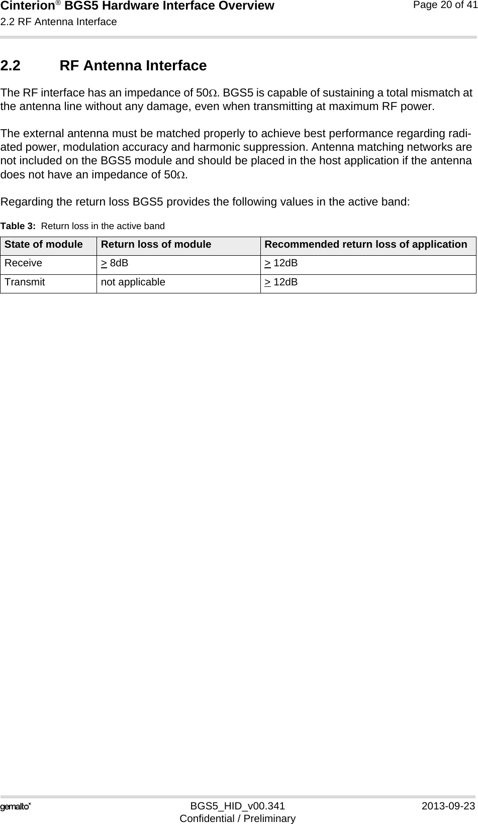 Cinterion® BGS5 Hardware Interface Overview2.2 RF Antenna Interface23BGS5_HID_v00.341 2013-09-23Confidential / PreliminaryPage 20 of 412.2 RF Antenna InterfaceThe RF interface has an impedance of 50. BGS5 is capable of sustaining a total mismatch at the antenna line without any damage, even when transmitting at maximum RF power.The external antenna must be matched properly to achieve best performance regarding radi-ated power, modulation accuracy and harmonic suppression. Antenna matching networks are not included on the BGS5 module and should be placed in the host application if the antenna does not have an impedance of 50.Regarding the return loss BGS5 provides the following values in the active band:Table 3:  Return loss in the active bandState of module Return loss of module Recommended return loss of applicationReceive &gt; 8dB &gt; 12dBTransmit not applicable  &gt; 12dB