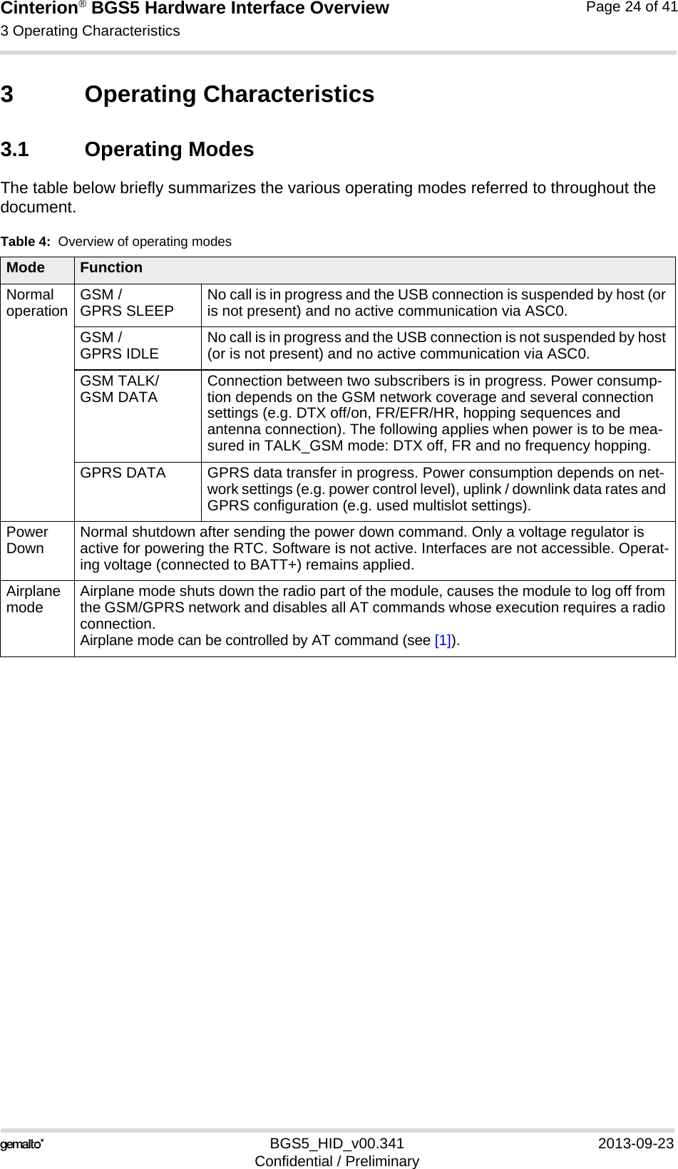 Cinterion® BGS5 Hardware Interface Overview3 Operating Characteristics25BGS5_HID_v00.341 2013-09-23Confidential / PreliminaryPage 24 of 413 Operating Characteristics3.1 Operating ModesThe table below briefly summarizes the various operating modes referred to throughout the document. Table 4:  Overview of operating modesMode FunctionNormal operation GSM / GPRS SLEEP No call is in progress and the USB connection is suspended by host (or is not present) and no active communication via ASC0. GSM / GPRS IDLE No call is in progress and the USB connection is not suspended by host (or is not present) and no active communication via ASC0. GSM TALK/GSM DATA Connection between two subscribers is in progress. Power consump-tion depends on the GSM network coverage and several connection settings (e.g. DTX off/on, FR/EFR/HR, hopping sequences and antenna connection). The following applies when power is to be mea-sured in TALK_GSM mode: DTX off, FR and no frequency hopping.GPRS DATA GPRS data transfer in progress. Power consumption depends on net-work settings (e.g. power control level), uplink / downlink data rates and GPRS configuration (e.g. used multislot settings).Power Down Normal shutdown after sending the power down command. Only a voltage regulator is active for powering the RTC. Software is not active. Interfaces are not accessible. Operat-ing voltage (connected to BATT+) remains applied.Airplane mode Airplane mode shuts down the radio part of the module, causes the module to log off from the GSM/GPRS network and disables all AT commands whose execution requires a radio connection.Airplane mode can be controlled by AT command (see [1]).