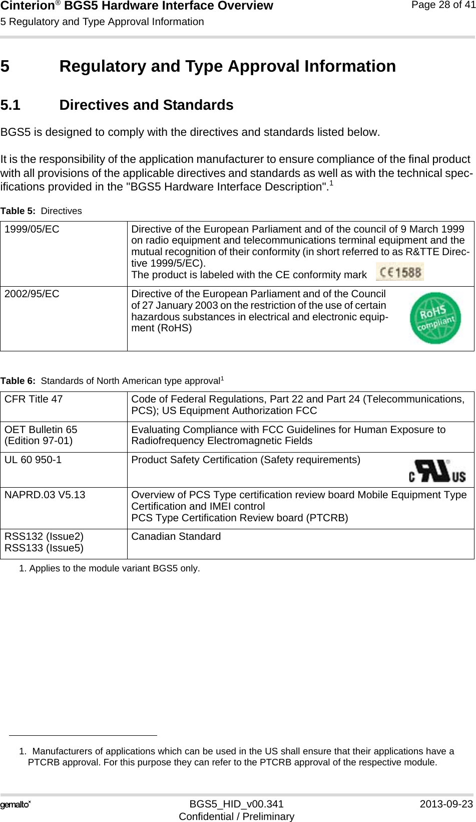 Cinterion® BGS5 Hardware Interface Overview5 Regulatory and Type Approval Information33BGS5_HID_v00.341 2013-09-23Confidential / PreliminaryPage 28 of 415 Regulatory and Type Approval Information5.1 Directives and StandardsBGS5 is designed to comply with the directives and standards listed below.It is the responsibility of the application manufacturer to ensure compliance of the final product with all provisions of the applicable directives and standards as well as with the technical spec-ifications provided in the &quot;BGS5 Hardware Interface Description&quot;.11.  Manufacturers of applications which can be used in the US shall ensure that their applications have aPTCRB approval. For this purpose they can refer to the PTCRB approval of the respective module. Table 5:  Directives1999/05/EC Directive of the European Parliament and of the council of 9 March 1999 on radio equipment and telecommunications terminal equipment and the mutual recognition of their conformity (in short referred to as R&amp;TTE Direc-tive 1999/5/EC).The product is labeled with the CE conformity mark C C2002/95/EC  Directive of the European Parliament and of the Council of 27 January 2003 on the restriction of the use of certain hazardous substances in electrical and electronic equip-ment (RoHS)Table 6:  Standards of North American type approval11. Applies to the module variant BGS5 only.CFR Title 47 Code of Federal Regulations, Part 22 and Part 24 (Telecommunications, PCS); US Equipment Authorization FCCOET Bulletin 65 (Edition 97-01)  Evaluating Compliance with FCC Guidelines for Human Exposure to Radiofrequency Electromagnetic FieldsUL 60 950-1 Product Safety Certification (Safety requirements)NAPRD.03 V5.13 Overview of PCS Type certification review board Mobile Equipment Type Certification and IMEI controlPCS Type Certification Review board (PTCRB)RSS132 (Issue2)RSS133 (Issue5) Canadian Standard