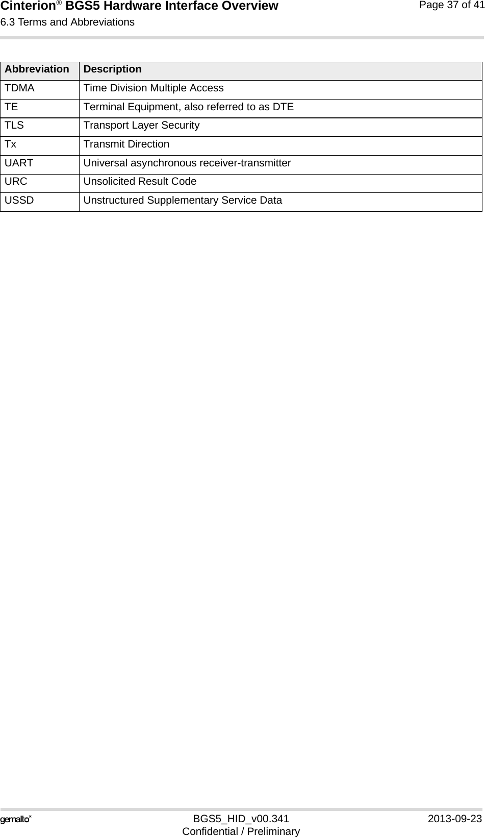 Cinterion® BGS5 Hardware Interface Overview6.3 Terms and Abbreviations38BGS5_HID_v00.341 2013-09-23Confidential / PreliminaryPage 37 of 41TDMA Time Division Multiple AccessTE Terminal Equipment, also referred to as DTETLS Transport Layer SecurityTx Transmit DirectionUART Universal asynchronous receiver-transmitterURC Unsolicited Result CodeUSSD Unstructured Supplementary Service DataAbbreviation Description