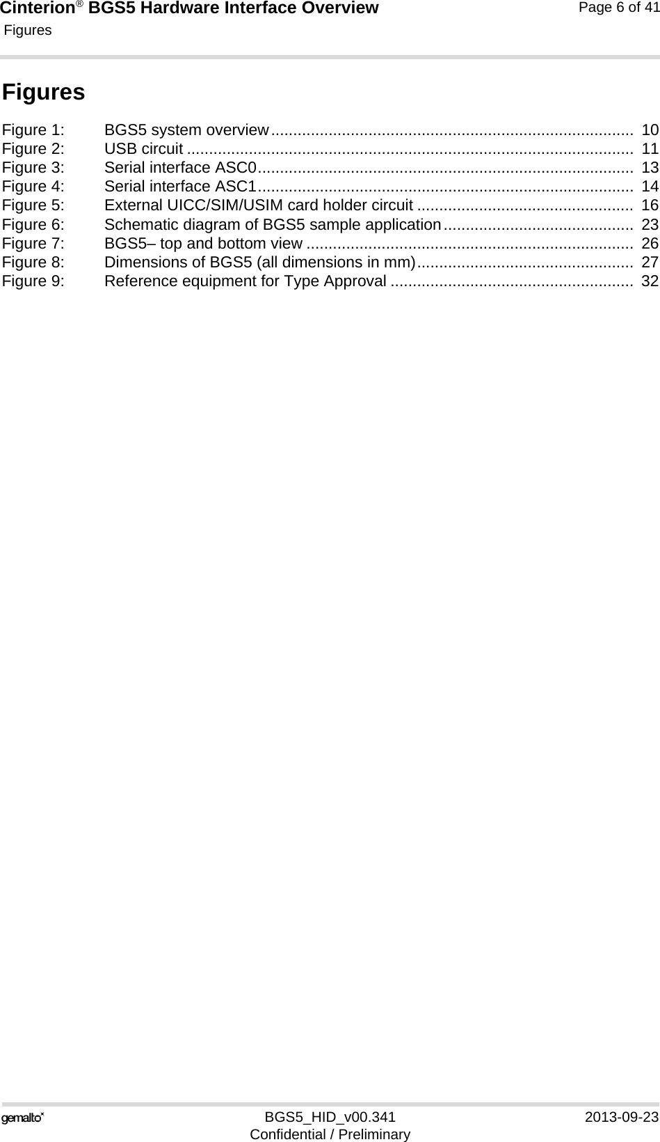 Cinterion® BGS5 Hardware Interface Overview Figures41BGS5_HID_v00.341 2013-09-23Confidential / PreliminaryPage 6 of 41FiguresFigure 1: BGS5 system overview..................................................................................  10Figure 2: USB circuit .....................................................................................................  11Figure 3: Serial interface ASC0.....................................................................................  13Figure 4: Serial interface ASC1.....................................................................................  14Figure 5: External UICC/SIM/USIM card holder circuit .................................................  16Figure 6: Schematic diagram of BGS5 sample application...........................................  23Figure 7: BGS5– top and bottom view ..........................................................................  26Figure 8: Dimensions of BGS5 (all dimensions in mm).................................................  27Figure 9: Reference equipment for Type Approval .......................................................  32