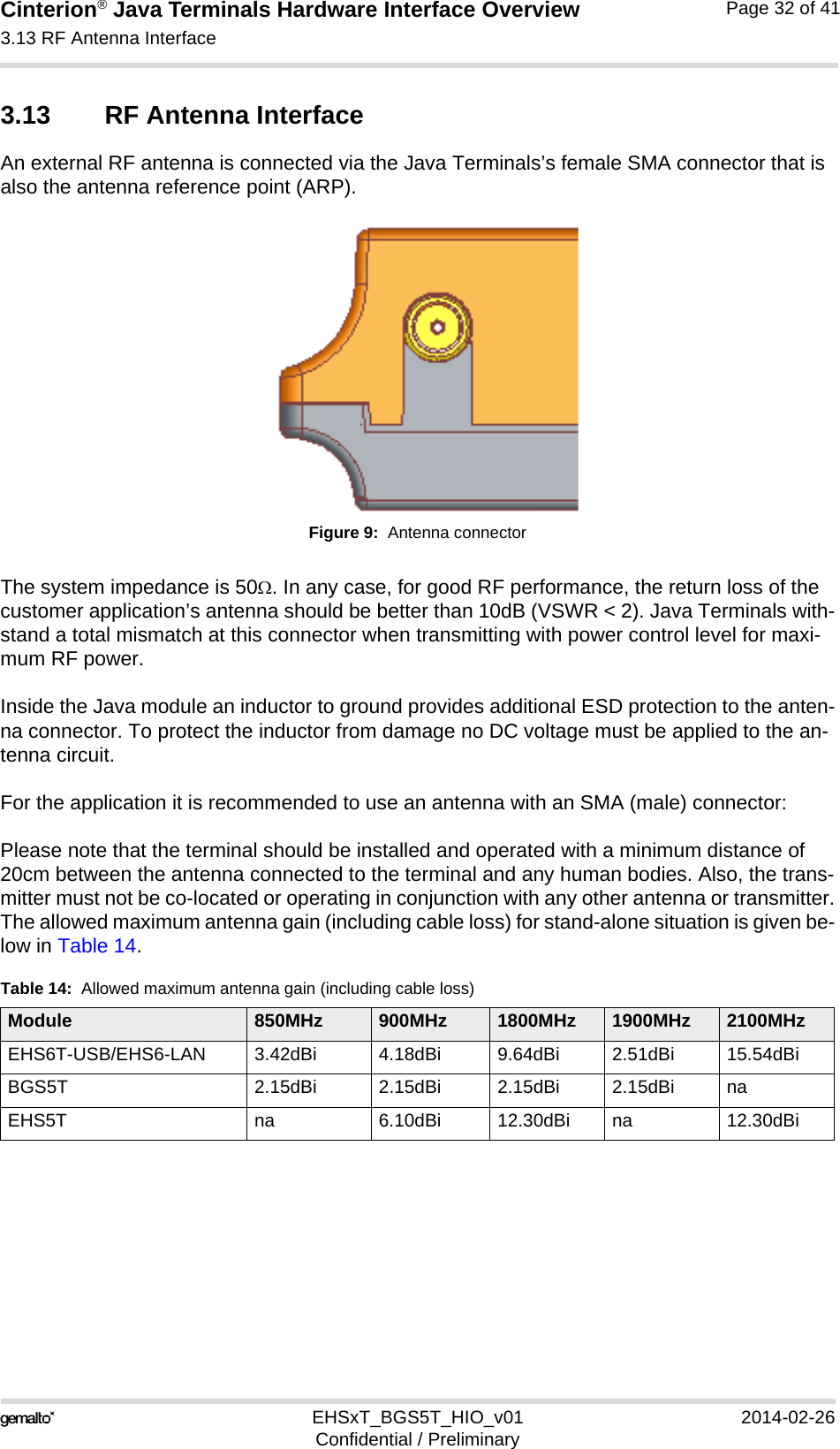 Cinterion® Java Terminals Hardware Interface Overview3.13 RF Antenna Interface32EHSxT_BGS5T_HIO_v01 2014-02-26Confidential / PreliminaryPage 32 of 413.13 RF Antenna InterfaceAn external RF antenna is connected via the Java Terminals’s female SMA connector that is also the antenna reference point (ARP).Figure 9:  Antenna connectorThe system impedance is 50. In any case, for good RF performance, the return loss of the customer application’s antenna should be better than 10dB (VSWR &lt; 2). Java Terminals with-stand a total mismatch at this connector when transmitting with power control level for maxi-mum RF power.Inside the Java module an inductor to ground provides additional ESD protection to the anten-na connector. To protect the inductor from damage no DC voltage must be applied to the an-tenna circuit.For the application it is recommended to use an antenna with an SMA (male) connector:Please note that the terminal should be installed and operated with a minimum distance of 20cm between the antenna connected to the terminal and any human bodies. Also, the trans-mitter must not be co-located or operating in conjunction with any other antenna or transmitter.The allowed maximum antenna gain (including cable loss) for stand-alone situation is given be-low in Table 14.Table 14:  Allowed maximum antenna gain (including cable loss)Module 850MHz 900MHz 1800MHz 1900MHz 2100MHzEHS6T-USB/EHS6-LAN 3.42dBi 4.18dBi 9.64dBi 2.51dBi 15.54dBiBGS5T 2.15dBi 2.15dBi 2.15dBi 2.15dBi naEHS5T na 6.10dBi 12.30dBi na 12.30dBi