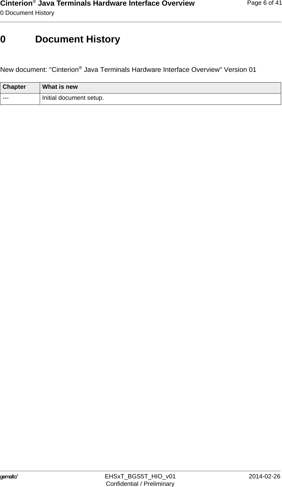 Cinterion® Java Terminals Hardware Interface Overview0 Document History6EHSxT_BGS5T_HIO_v01 2014-02-26Confidential / PreliminaryPage 6 of 410 Document HistoryNew document: &quot;Cinterion® Java Terminals Hardware Interface Overview&quot; Version 01Chapter What is new--- Initial document setup.