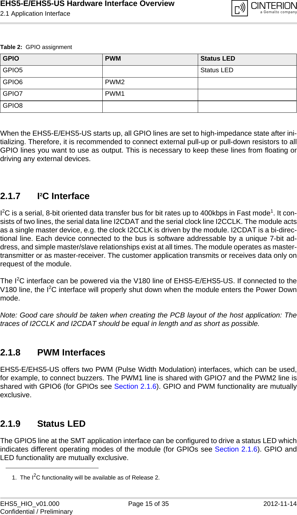 EHS5-E/EHS5-US Hardware Interface Overview2.1 Application Interface18EHS5_HIO_v01.000 Page 15 of 35 2012-11-14Confidential / PreliminaryWhen the EHS5-E/EHS5-US starts up, all GPIO lines are set to high-impedance state after ini-tializing. Therefore, it is recommended to connect external pull-up or pull-down resistors to allGPIO lines you want to use as output. This is necessary to keep these lines from floating ordriving any external devices.2.1.7 I2C InterfaceI2C is a serial, 8-bit oriented data transfer bus for bit rates up to 400kbps in Fast mode1. It con-sists of two lines, the serial data line I2CDAT and the serial clock line I2CCLK. The module actsas a single master device, e.g. the clock I2CCLK is driven by the module. I2CDAT is a bi-direc-tional line. Each device connected to the bus is software addressable by a unique 7-bit ad-dress, and simple master/slave relationships exist at all times. The module operates as master-transmitter or as master-receiver. The customer application transmits or receives data only onrequest of the module.The I2C interface can be powered via the V180 line of EHS5-E/EHS5-US. If connected to theV180 line, the I2C interface will properly shut down when the module enters the Power Downmode.Note: Good care should be taken when creating the PCB layout of the host application: Thetraces of I2CCLK and I2CDAT should be equal in length and as short as possible.2.1.8 PWM InterfacesEHS5-E/EHS5-US offers two PWM (Pulse Width Modulation) interfaces, which can be used,for example, to connect buzzers. The PWM1 line is shared with GPIO7 and the PWM2 line isshared with GPIO6 (for GPIOs see Section 2.1.6). GPIO and PWM functionality are mutuallyexclusive.2.1.9 Status LEDThe GPIO5 line at the SMT application interface can be configured to drive a status LED whichindicates different operating modes of the module (for GPIOs see Section 2.1.6). GPIO andLED functionality are mutually exclusive.Table 2:  GPIO assignmentGPIO PWM Status LEDGPIO5 Status LEDGPIO6 PWM2GPIO7 PWM1GPIO81.  The I2C functionality will be available as of Release 2.