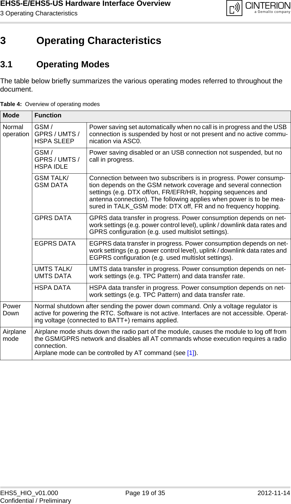 EHS5-E/EHS5-US Hardware Interface Overview3 Operating Characteristics20EHS5_HIO_v01.000 Page 19 of 35 2012-11-14Confidential / Preliminary3 Operating Characteristics3.1 Operating ModesThe table below briefly summarizes the various operating modes referred to throughout the document. Table 4:  Overview of operating modesMode FunctionNormal operation GSM / GPRS / UMTS / HSPA SLEEPPower saving set automatically when no call is in progress and the USB connection is suspended by host or not present and no active commu-nication via ASC0. GSM / GPRS / UMTS / HSPA IDLEPower saving disabled or an USB connection not suspended, but no call in progress.GSM TALK/GSM DATA Connection between two subscribers is in progress. Power consump-tion depends on the GSM network coverage and several connection settings (e.g. DTX off/on, FR/EFR/HR, hopping sequences and antenna connection). The following applies when power is to be mea-sured in TALK_GSM mode: DTX off, FR and no frequency hopping.GPRS DATA GPRS data transfer in progress. Power consumption depends on net-work settings (e.g. power control level), uplink / downlink data rates and GPRS configuration (e.g. used multislot settings).EGPRS DATA EGPRS data transfer in progress. Power consumption depends on net-work settings (e.g. power control level), uplink / downlink data rates and EGPRS configuration (e.g. used multislot settings).UMTS TALK/UMTS DATA UMTS data transfer in progress. Power consumption depends on net-work settings (e.g. TPC Pattern) and data transfer rate.HSPA DATA HSPA data transfer in progress. Power consumption depends on net-work settings (e.g. TPC Pattern) and data transfer rate.Power Down Normal shutdown after sending the power down command. Only a voltage regulator is active for powering the RTC. Software is not active. Interfaces are not accessible. Operat-ing voltage (connected to BATT+) remains applied.Airplane mode Airplane mode shuts down the radio part of the module, causes the module to log off from the GSM/GPRS network and disables all AT commands whose execution requires a radio connection.Airplane mode can be controlled by AT command (see [1]).