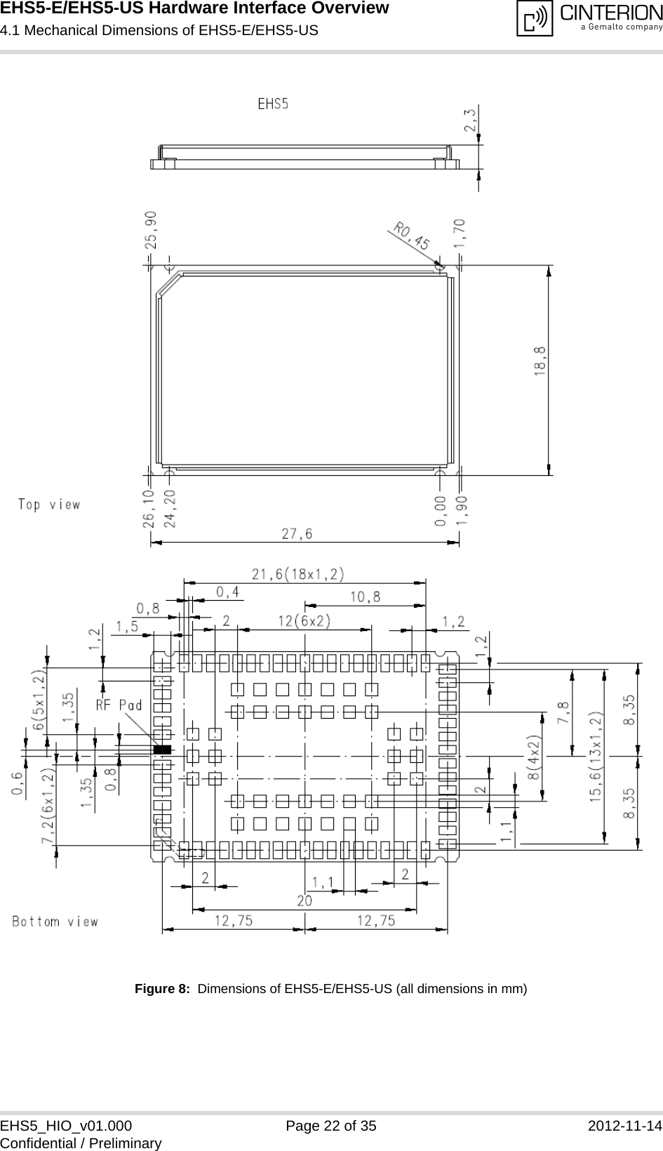 EHS5-E/EHS5-US Hardware Interface Overview4.1 Mechanical Dimensions of EHS5-E/EHS5-US22EHS5_HIO_v01.000 Page 22 of 35 2012-11-14Confidential / PreliminaryFigure 8:  Dimensions of EHS5-E/EHS5-US (all dimensions in mm)