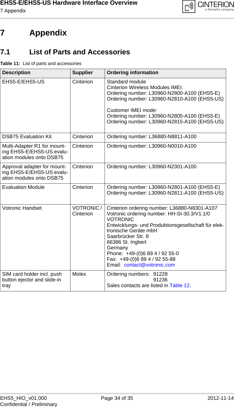 EHS5-E/EHS5-US Hardware Interface Overview7 Appendix35EHS5_HIO_v01.000 Page 34 of 35 2012-11-14Confidential / Preliminary7 Appendix7.1 List of Parts and AccessoriesTable 11:  List of parts and accessoriesDescription Supplier Ordering informationEHS5-E/EHS5-US Cinterion Standard module Cinterion Wireless Modules IMEI:Ordering number: L30960-N2800-A100 (EHS5-E)Ordering number: L30960-N2810-A100 (EHS5-US)Customer IMEI mode:Ordering number: L30960-N2805-A100 (EHS5-E)Ordering number: L30960-N2815-A100 (EHS5-US)DSB75 Evaluation Kit Cinterion Ordering number: L36880-N8811-A100Multi-Adapter R1 for mount-ing EHS5-E/EHS5-US evalu-ation modules onto DSB75Cinterion Ordering number: L30960-N0010-A100Approval adapter for mount-ing EHS5-E/EHS5-US evalu-ation modules onto DSB75Cinterion Ordering number: L30960-N2301-A100Evaluation Module Cinterion Ordering number: L30960-N2801-A100 (EHS5-E)Ordering number: L30960-N2811-A100 (EHS5-US)Votronic Handset VOTRONIC / Cinterion Cinterion ordering number: L36880-N8301-A107Votronic ordering number: HH-SI-30.3/V1.1/0VOTRONIC Entwicklungs- und Produktionsgesellschaft für elek-tronische Geräte mbHSaarbrücker Str. 866386 St. IngbertGermanyPhone:  +49-(0)6 89 4 / 92 55-0Fax:  +49-(0)6 89 4 / 92 55-88Email:  contact@votronic.comSIM card holder incl. push button ejector and slide-in trayMolex Ordering numbers:  91228 91236Sales contacts are listed in Table 12.