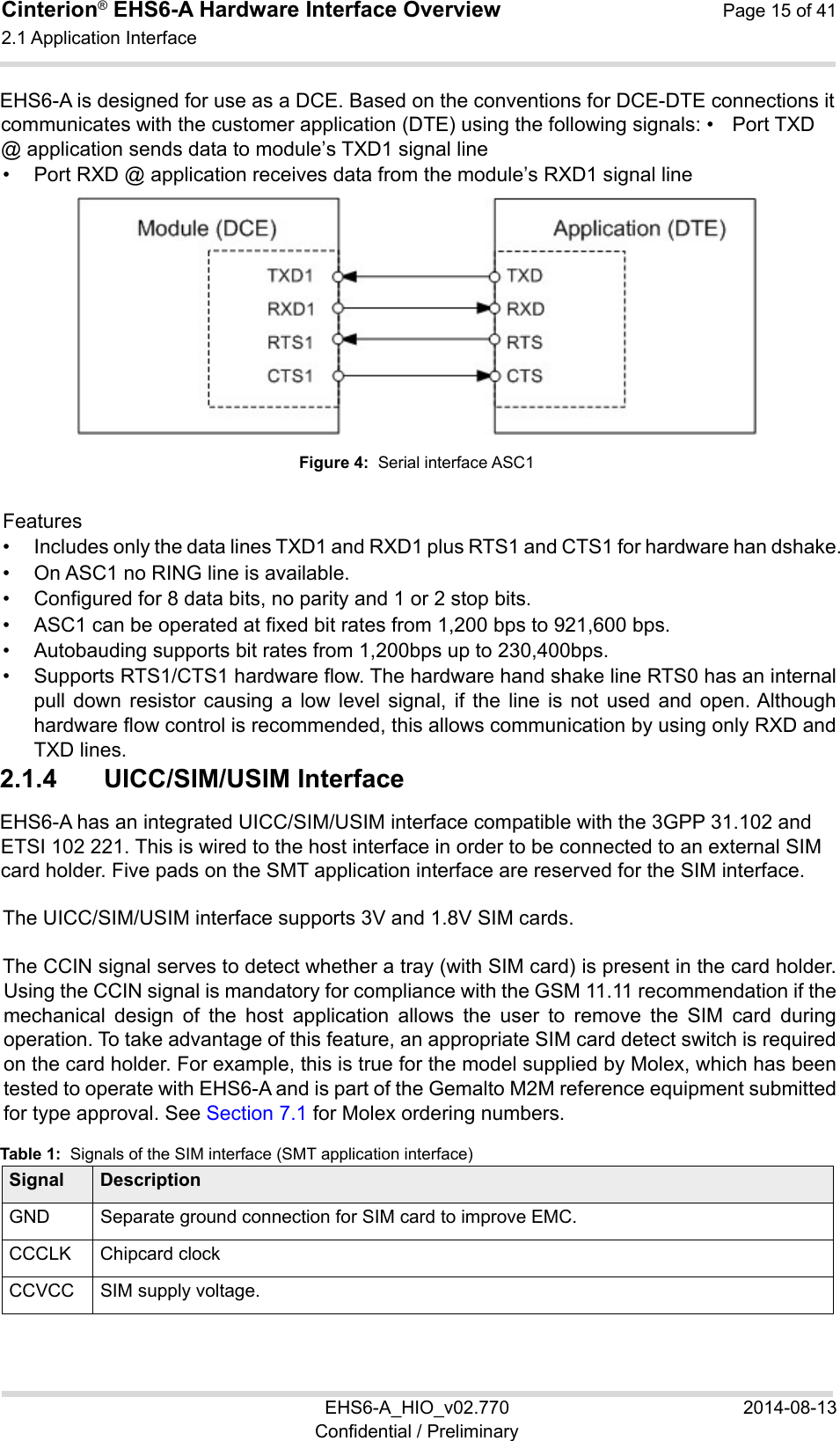 Cinterion® EHS6-A Hardware Interface Overview  Page 15 of 41 2.1 Application Interface 22 EHS6-A_HIO_v02.770  2014-08-13 Confidential / Preliminary EHS6-A is designed for use as a DCE. Based on the conventions for DCE-DTE connections it communicates with the customer application (DTE) using the following signals: •  Port TXD @ application sends data to module’s TXD1 signal line •  Port RXD @ application receives data from the module’s RXD1 signal line  Figure 4:  Serial interface ASC1 Features •  Includes only the data lines TXD1 and RXD1 plus RTS1 and CTS1 for hardware han dshake.  •  On ASC1 no RING line is available. •  Configured for 8 data bits, no parity and 1 or 2 stop bits. •  ASC1 can be operated at fixed bit rates from 1,200 bps to 921,600 bps.  •  Autobauding supports bit rates from 1,200bps up to 230,400bps.  •  Supports RTS1/CTS1 hardware flow. The hardware hand shake line RTS0 has an internal pull  down  resistor  causing  a  low  level  signal,  if  the  line  is  not  used  and  open. Although hardware flow control is recommended, this allows communication by using only RXD and TXD lines. 2.1.4  UICC/SIM/USIM Interface EHS6-A has an integrated UICC/SIM/USIM interface compatible with the 3GPP 31.102 and ETSI 102 221. This is wired to the host interface in order to be connected to an external SIM card holder. Five pads on the SMT application interface are reserved for the SIM interface.  The UICC/SIM/USIM interface supports 3V and 1.8V SIM cards.  The CCIN signal serves to detect whether a tray (with SIM card) is present in the card holder. Using the CCIN signal is mandatory for compliance with the GSM 11.11 recommendation if the mechanical  design  of  the  host  application  allows  the  user  to  remove  the  SIM  card  during operation. To take advantage of this feature, an appropriate SIM card detect switch is required on the card holder. For example, this is true for the model supplied by Molex, which has been tested to operate with EHS6-A and is part of the Gemalto M2M reference equipment submitted for type approval. See Section 7.1 for Molex ordering numbers. Table 1:  Signals of the SIM interface (SMT application interface) Signal DescriptionGND Separate ground connection for SIM card to improve EMC.CCCLK Chipcard clock CCVCC SIM supply voltage. 