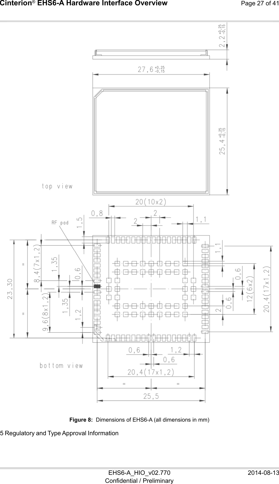 Cinterion® EHS6-A Hardware Interface Overview Page 27 of 41 EHS6-A_HIO_v02.770  2014-08-13 Confidential / Preliminary  Figure 8:  Dimensions of EHS6-A (all dimensions in mm) 5 Regulatory and Type Approval Information 32 