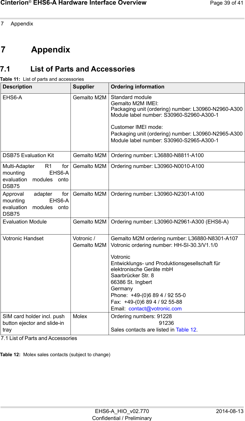 Cinterion® EHS6-A Hardware Interface Overview  Page 39 of 41 EHS6-A_HIO_v02.770  2014-08-13 Confidential / Preliminary 7  Appendix 39 7  Appendix 7.1  List of Parts and Accessories Table 11:  List of parts and accessories Description Supplier Ordering informationEHS6-A Gemalto M2M Standard module Gemalto M2M IMEI: Packaging unit (ordering) number: L30960-N2960-A300 Module label number: S30960-S2960-A300-1 Customer IMEI mode: Packaging unit (ordering) number: L30960-N2965-A300Module label number: S30960-S2965-A300-1 DSB75 Evaluation Kit Gemalto M2M Ordering number: L36880-N8811-A100 Multi-Adapter  R1  for mounting  EHS6-A evaluation  modules  onto DSB75 Gemalto M2M Ordering number: L30960-N0010-A100 Approval  adapter  for mounting  EHS6-A evaluation  modules  onto DSB75 Gemalto M2M Ordering number: L30960-N2301-A100 Evaluation Module Gemalto M2M Ordering number: L30960-N2961-A300 (EHS6-A)Votronic Handset Votronic / Gemalto M2MGemalto M2M ordering number: L36880-N8301-A107Votronic ordering number: HH-SI-30.3/V1.1/0 Votronic  Entwicklungs- und Produktionsgesellschaft für elektronische Geräte mbH Saarbrücker Str. 8 66386 St. Ingbert Germany Phone:  +49-(0)6 89 4 / 92 55-0 Fax:  +49-(0)6 89 4 / 92 55-88 Email:  contact@votronic.com SIM card holder incl. push button ejector and slide-in tray Molex Ordering numbers: 91228 91236 Sales contacts are listed in Table 12. 7.1 List of Parts and Accessories 39 Table 12:  Molex sales contacts (subject to change) 