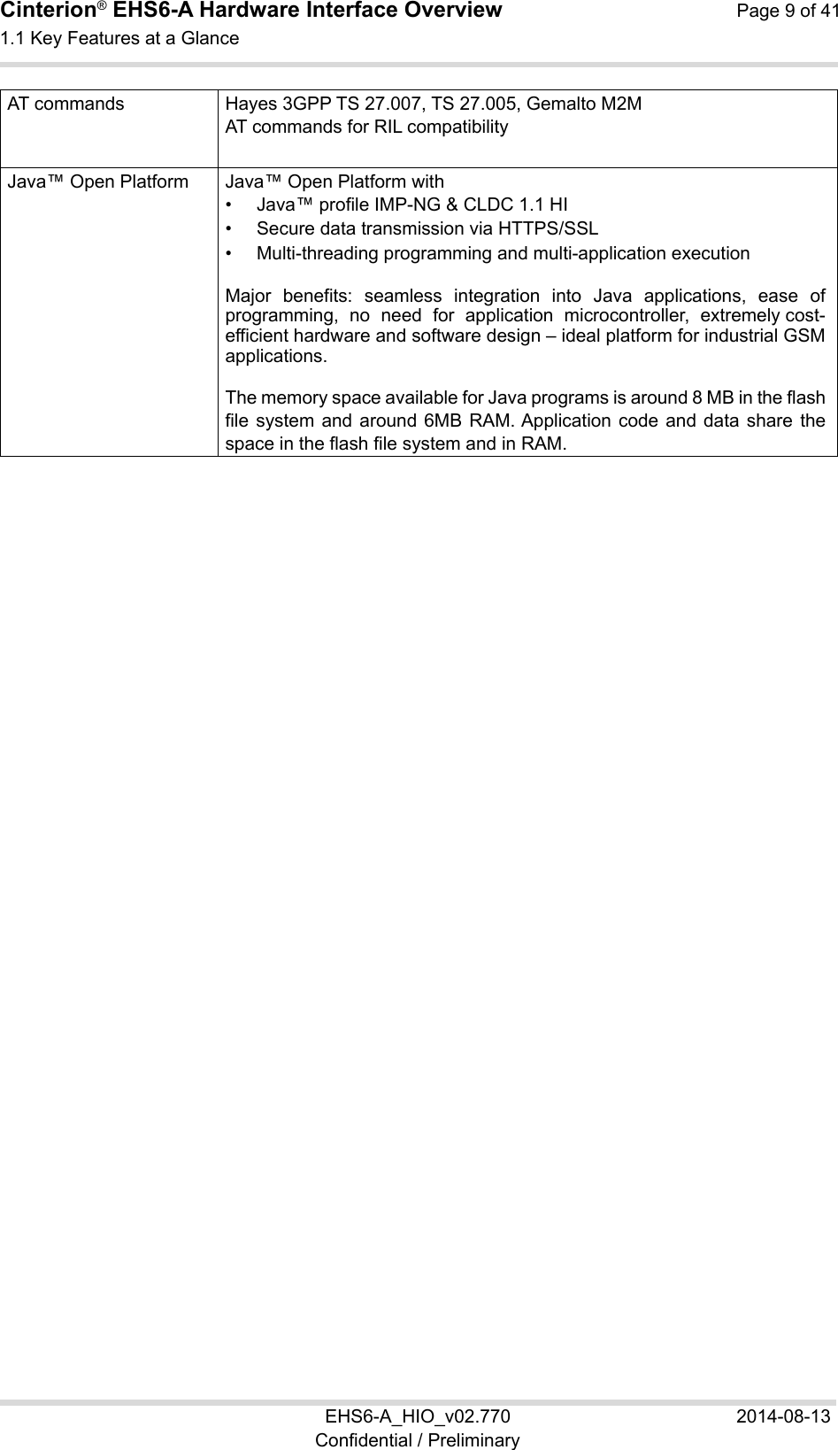 Cinterion® EHS6-A Hardware Interface Overview  Page 9 of 41 1.1 Key Features at a Glance 10 EHS6-A_HIO_v02.770  2014-08-13 Confidential / Preliminary AT commands Hayes 3GPP TS 27.007, TS 27.005, Gemalto M2M AT commands for RIL compatibility  Java™ Open Platform Java™ Open Platform with •  Java™ profile IMP-NG &amp; CLDC 1.1 HI •  Secure data transmission via HTTPS/SSL •  Multi-threading programming and multi-application execution Major  benefits:  seamless  integration  into  Java  applications,  ease  of programming,  no  need  for  application  microcontroller,  extremely cost-efficient hardware and software design – ideal platform for industrial GSM applications. The memory space available for Java programs is around 8 MB in the flash file system and around 6MB RAM. Application code and data share the space in the flash file system and in RAM. 