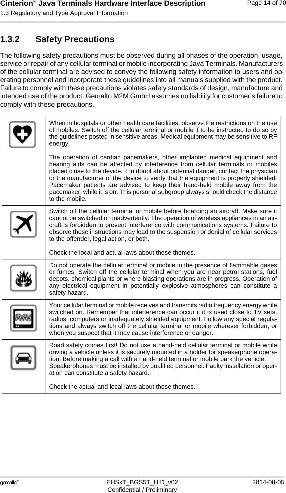 Cinterion® Java Terminals Hardware Interface Description1.3 Regulatory and Type Approval Information16EHSxT_BGS5T_HID_v02 2014-08-05Confidential / PreliminaryPage 14 of 701.3.2 Safety PrecautionsThe following safety precautions must be observed during all phases of the operation, usage, service or repair of any cellular terminal or mobile incorporating Java Terminals. Manufacturers of the cellular terminal are advised to convey the following safety information to users and op-erating personnel and incorporate these guidelines into all manuals supplied with the product. Failure to comply with these precautions violates safety standards of design, manufacture and intended use of the product. Gemalto M2M GmbH assumes no liability for customer’s failure to comply with these precautions.When in hospitals or other health care facilities, observe the restrictions on the useof mobiles. Switch off the cellular terminal or mobile if to be instructed to do so bythe guidelines posted in sensitive areas. Medical equipment may be sensitive to RFenergy. The operation of cardiac pacemakers, other implanted medical equipment andhearing aids can be affected by interference from cellular terminals or mobilesplaced close to the device. If in doubt about potential danger, contact the physicianor the manufacturer of the device to verify that the equipment is properly shielded.Pacemaker patients are advised to keep their hand-held mobile away from thepacemaker, while it is on. This personal subgroup always should check the distanceto the mobile.Switch off the cellular terminal or mobile before boarding an aircraft. Make sure itcannot be switched on inadvertently. The operation of wireless appliances in an air-craft is forbidden to prevent interference with communications systems. Failure toobserve these instructions may lead to the suspension or denial of cellular servicesto the offender, legal action, or both. Check the local and actual laws about these themes.Do not operate the cellular terminal or mobile in the presence of flammable gasesor fumes. Switch off the cellular terminal when you are near petrol stations, fueldepots, chemical plants or where blasting operations are in progress. Operation ofany electrical equipment in potentially explosive atmospheres can constitute asafety hazard.Your cellular terminal or mobile receives and transmits radio frequency energy whileswitched on. Remember that interference can occur if it is used close to TV sets,radios, computers or inadequately shielded equipment. Follow any special regula-tions and always switch off the cellular terminal or mobile wherever forbidden, orwhen you suspect that it may cause interference or danger.Road safety comes first! Do not use a hand-held cellular terminal or mobile whiledriving a vehicle unless it is securely mounted in a holder for speakerphone opera-tion. Before making a call with a hand-held terminal or mobile park the vehicle. Speakerphones must be installed by qualified personnel. Faulty installation or oper-ation can constitute a safety hazard.Check the actual and local laws about these themes.