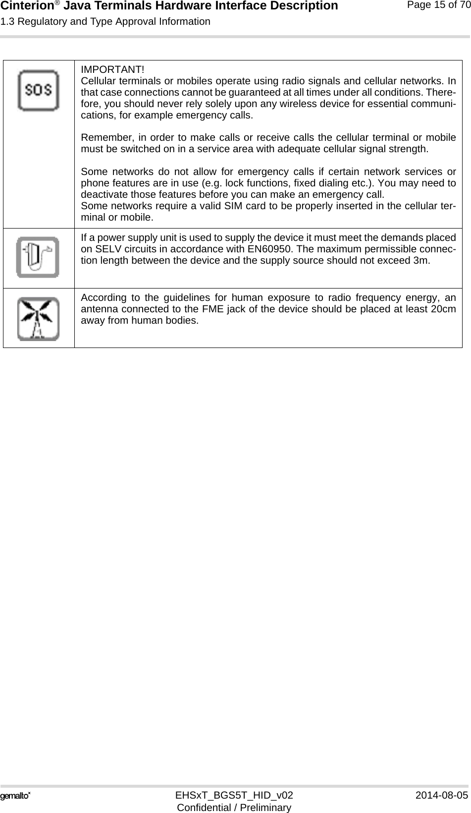 Cinterion® Java Terminals Hardware Interface Description1.3 Regulatory and Type Approval Information16EHSxT_BGS5T_HID_v02 2014-08-05Confidential / PreliminaryPage 15 of 70IMPORTANT!Cellular terminals or mobiles operate using radio signals and cellular networks. Inthat case connections cannot be guaranteed at all times under all conditions. There-fore, you should never rely solely upon any wireless device for essential communi-cations, for example emergency calls. Remember, in order to make calls or receive calls the cellular terminal or mobilemust be switched on in a service area with adequate cellular signal strength. Some networks do not allow for emergency calls if certain network services orphone features are in use (e.g. lock functions, fixed dialing etc.). You may need todeactivate those features before you can make an emergency call.Some networks require a valid SIM card to be properly inserted in the cellular ter-minal or mobile.If a power supply unit is used to supply the device it must meet the demands placedon SELV circuits in accordance with EN60950. The maximum permissible connec-tion length between the device and the supply source should not exceed 3m.According to the guidelines for human exposure to radio frequency energy, anantenna connected to the FME jack of the device should be placed at least 20cmaway from human bodies.