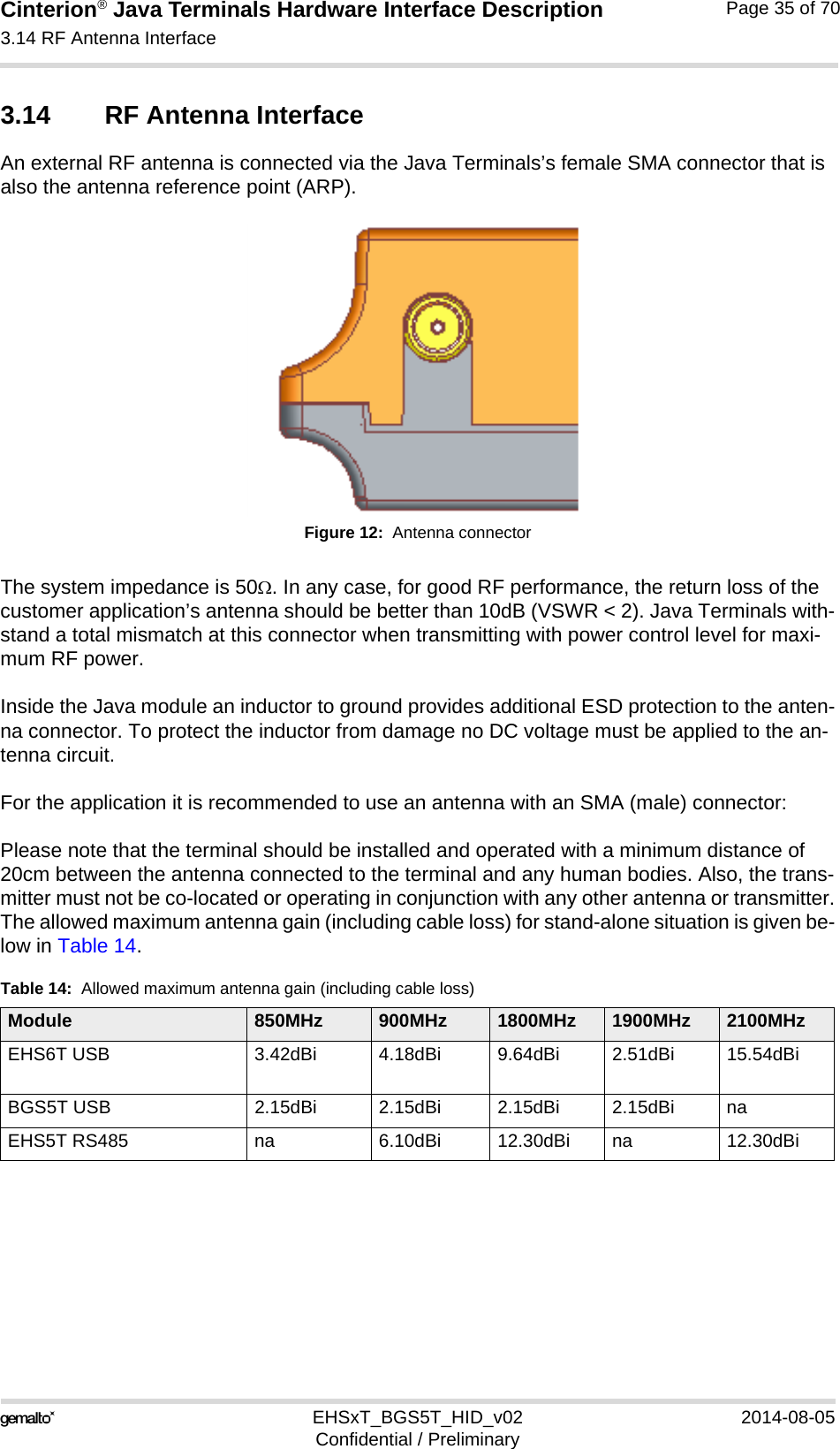 Cinterion® Java Terminals Hardware Interface Description3.14 RF Antenna Interface35EHSxT_BGS5T_HID_v02 2014-08-05Confidential / PreliminaryPage 35 of 703.14 RF Antenna InterfaceAn external RF antenna is connected via the Java Terminals’s female SMA connector that is also the antenna reference point (ARP).Figure 12:  Antenna connectorThe system impedance is 50. In any case, for good RF performance, the return loss of the customer application’s antenna should be better than 10dB (VSWR &lt; 2). Java Terminals with-stand a total mismatch at this connector when transmitting with power control level for maxi-mum RF power.Inside the Java module an inductor to ground provides additional ESD protection to the anten-na connector. To protect the inductor from damage no DC voltage must be applied to the an-tenna circuit.For the application it is recommended to use an antenna with an SMA (male) connector:Please note that the terminal should be installed and operated with a minimum distance of 20cm between the antenna connected to the terminal and any human bodies. Also, the trans-mitter must not be co-located or operating in conjunction with any other antenna or transmitter.The allowed maximum antenna gain (including cable loss) for stand-alone situation is given be-low in Table 14.Table 14:  Allowed maximum antenna gain (including cable loss)Module 850MHz 900MHz 1800MHz 1900MHz 2100MHzEHS6T USB 3.42dBi 4.18dBi 9.64dBi 2.51dBi 15.54dBiBGS5T USB 2.15dBi 2.15dBi 2.15dBi 2.15dBi naEHS5T RS485 na 6.10dBi 12.30dBi na 12.30dBi