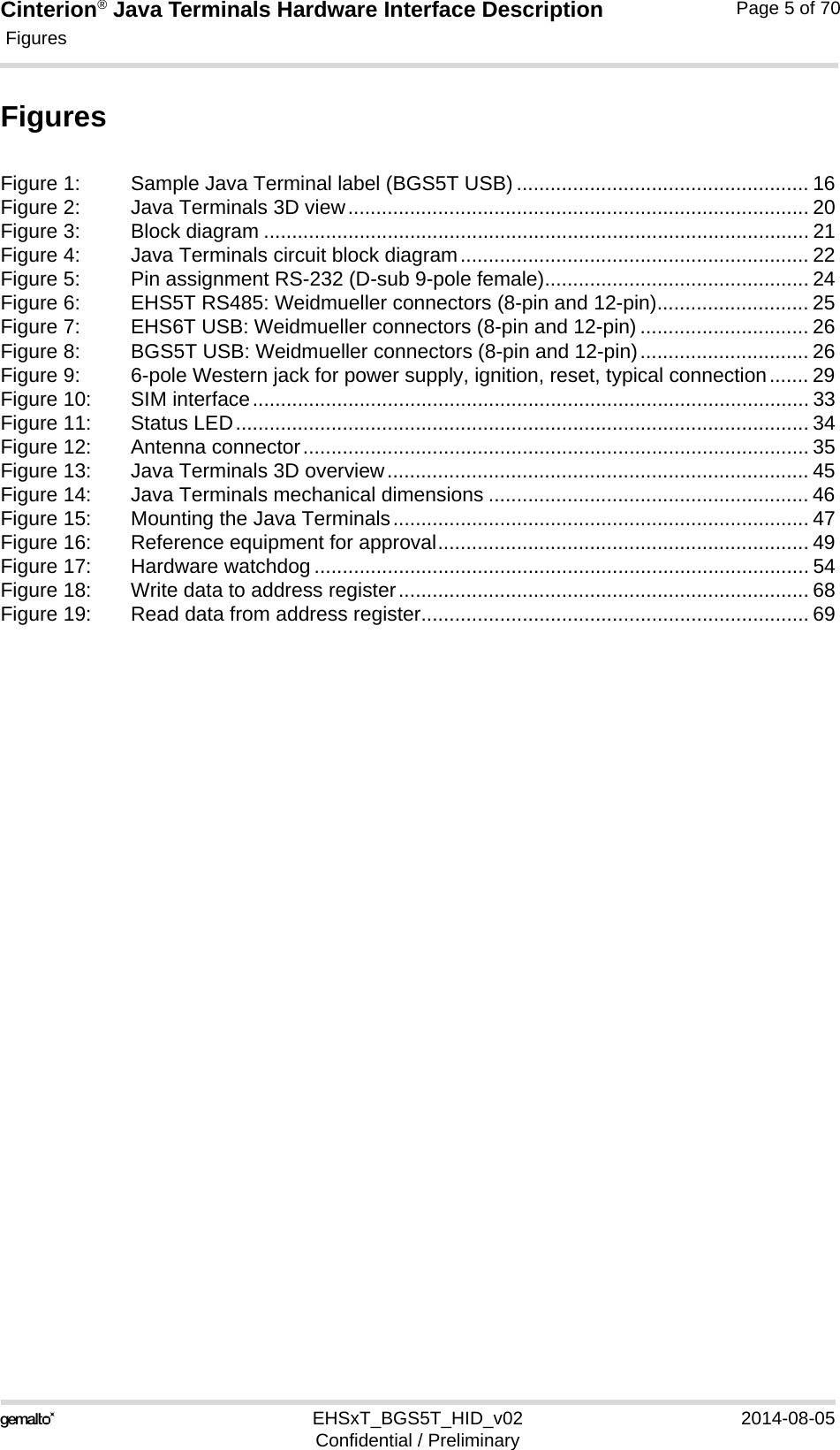 Cinterion® Java Terminals Hardware Interface Description Figures5EHSxT_BGS5T_HID_v02 2014-08-05Confidential / PreliminaryPage 5 of 70FiguresFigure 1: Sample Java Terminal label (BGS5T USB) .................................................... 16Figure 2: Java Terminals 3D view.................................................................................. 20Figure 3: Block diagram ................................................................................................. 21Figure 4: Java Terminals circuit block diagram.............................................................. 22Figure 5: Pin assignment RS-232 (D-sub 9-pole female)............................................... 24Figure 6: EHS5T RS485: Weidmueller connectors (8-pin and 12-pin)........................... 25Figure 7: EHS6T USB: Weidmueller connectors (8-pin and 12-pin) .............................. 26Figure 8: BGS5T USB: Weidmueller connectors (8-pin and 12-pin).............................. 26Figure 9: 6-pole Western jack for power supply, ignition, reset, typical connection....... 29Figure 10: SIM interface................................................................................................... 33Figure 11: Status LED...................................................................................................... 34Figure 12: Antenna connector.......................................................................................... 35Figure 13: Java Terminals 3D overview........................................................................... 45Figure 14: Java Terminals mechanical dimensions ......................................................... 46Figure 15: Mounting the Java Terminals.......................................................................... 47Figure 16: Reference equipment for approval.................................................................. 49Figure 17: Hardware watchdog ........................................................................................ 54Figure 18: Write data to address register......................................................................... 68Figure 19: Read data from address register..................................................................... 69