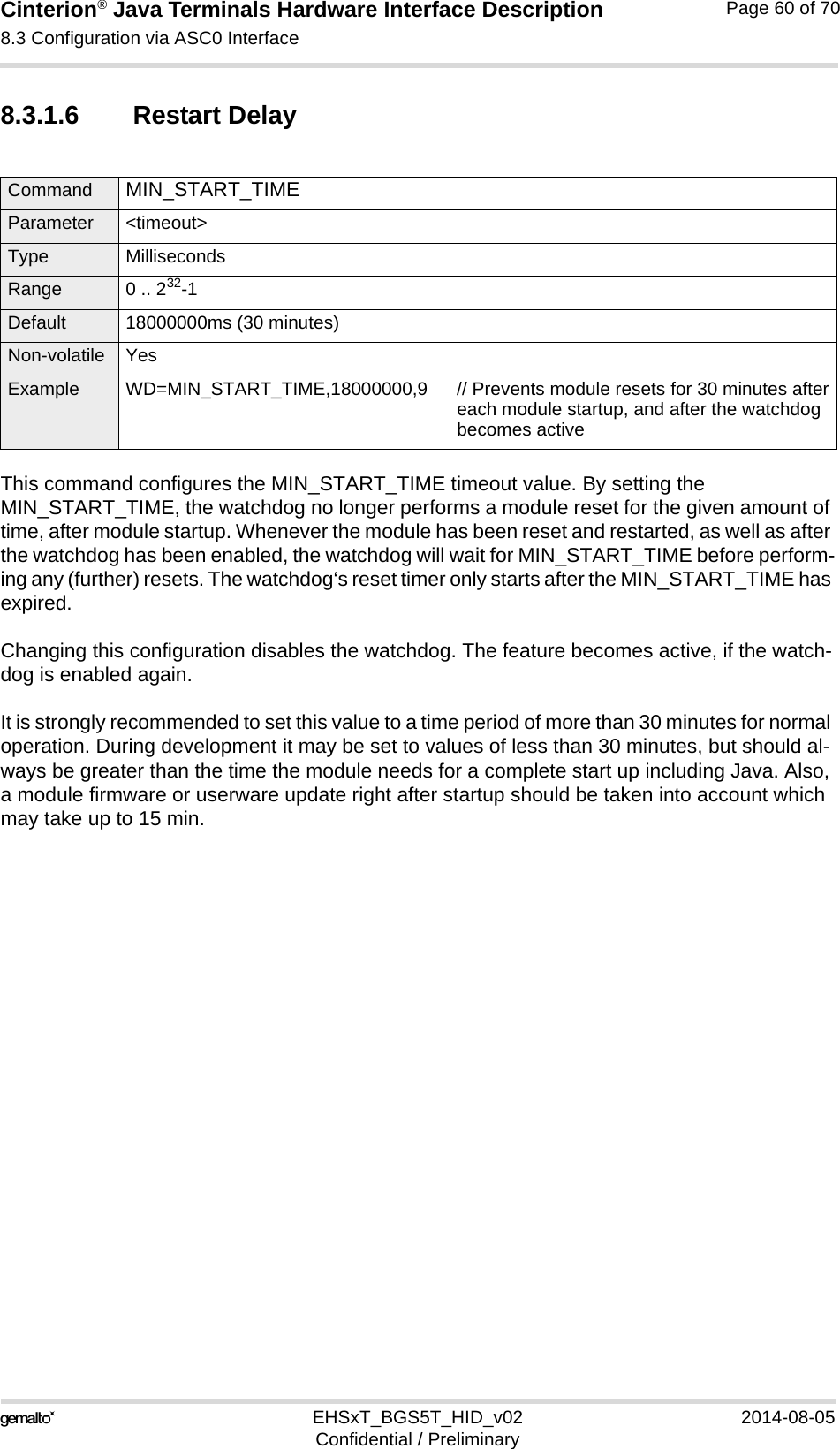 Cinterion® Java Terminals Hardware Interface Description8.3 Configuration via ASC0 Interface69EHSxT_BGS5T_HID_v02 2014-08-05Confidential / PreliminaryPage 60 of 708.3.1.6 Restart DelayThis command configures the MIN_START_TIME timeout value. By setting the MIN_START_TIME, the watchdog no longer performs a module reset for the given amount of time, after module startup. Whenever the module has been reset and restarted, as well as after the watchdog has been enabled, the watchdog will wait for MIN_START_TIME before perform-ing any (further) resets. The watchdog‘s reset timer only starts after the MIN_START_TIME has expired.Changing this configuration disables the watchdog. The feature becomes active, if the watch-dog is enabled again.It is strongly recommended to set this value to a time period of more than 30 minutes for normal operation. During development it may be set to values of less than 30 minutes, but should al-ways be greater than the time the module needs for a complete start up including Java. Also, a module firmware or userware update right after startup should be taken into account which may take up to 15 min.Command MIN_START_TIME Parameter &lt;timeout&gt;Type MillisecondsRange 0 .. 232-1Default 18000000ms (30 minutes)Non-volatile YesExample WD=MIN_START_TIME,18000000,9 // Prevents module resets for 30 minutes aftereach module startup, and after the watchdogbecomes active