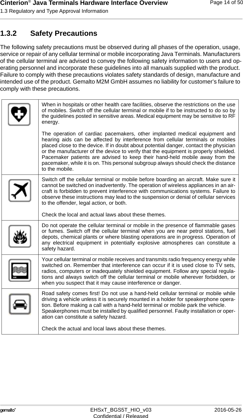 Cinterion® Java Terminals Hardware Interface Overview1.3 Regulatory and Type Approval Information16EHSxT_BGS5T_HIO_v03 2016-05-26Confidential / ReleasedPage 14 of 501.3.2 Safety PrecautionsThe following safety precautions must be observed during all phases of the operation, usage, service or repair of any cellular terminal or mobile incorporating Java Terminals. Manufacturers of the cellular terminal are advised to convey the following safety information to users and op-erating personnel and incorporate these guidelines into all manuals supplied with the product. Failure to comply with these precautions violates safety standards of design, manufacture and intended use of the product. Gemalto M2M GmbH assumes no liability for customer’s failure to comply with these precautions.When in hospitals or other health care facilities, observe the restrictions on the useof mobiles. Switch off the cellular terminal or mobile if to be instructed to do so bythe guidelines posted in sensitive areas. Medical equipment may be sensitive to RFenergy. The operation of cardiac pacemakers, other implanted medical equipment andhearing aids can be affected by interference from cellular terminals or mobilesplaced close to the device. If in doubt about potential danger, contact the physicianor the manufacturer of the device to verify that the equipment is properly shielded.Pacemaker patients are advised to keep their hand-held mobile away from thepacemaker, while it is on. This personal subgroup always should check the distanceto the mobile.Switch off the cellular terminal or mobile before boarding an aircraft. Make sure itcannot be switched on inadvertently. The operation of wireless appliances in an air-craft is forbidden to prevent interference with communications systems. Failure toobserve these instructions may lead to the suspension or denial of cellular servicesto the offender, legal action, or both. Check the local and actual laws about these themes.Do not operate the cellular terminal or mobile in the presence of flammable gasesor fumes. Switch off the cellular terminal when you are near petrol stations, fueldepots, chemical plants or where blasting operations are in progress. Operation ofany electrical equipment in potentially explosive atmospheres can constitute asafety hazard.Your cellular terminal or mobile receives and transmits radio frequency energy whileswitched on. Remember that interference can occur if it is used close to TV sets,radios, computers or inadequately shielded equipment. Follow any special regula-tions and always switch off the cellular terminal or mobile wherever forbidden, orwhen you suspect that it may cause interference or danger.Road safety comes first! Do not use a hand-held cellular terminal or mobile whiledriving a vehicle unless it is securely mounted in a holder for speakerphone opera-tion. Before making a call with a hand-held terminal or mobile park the vehicle. Speakerphones must be installed by qualified personnel. Faulty installation or oper-ation can constitute a safety hazard.Check the actual and local laws about these themes.