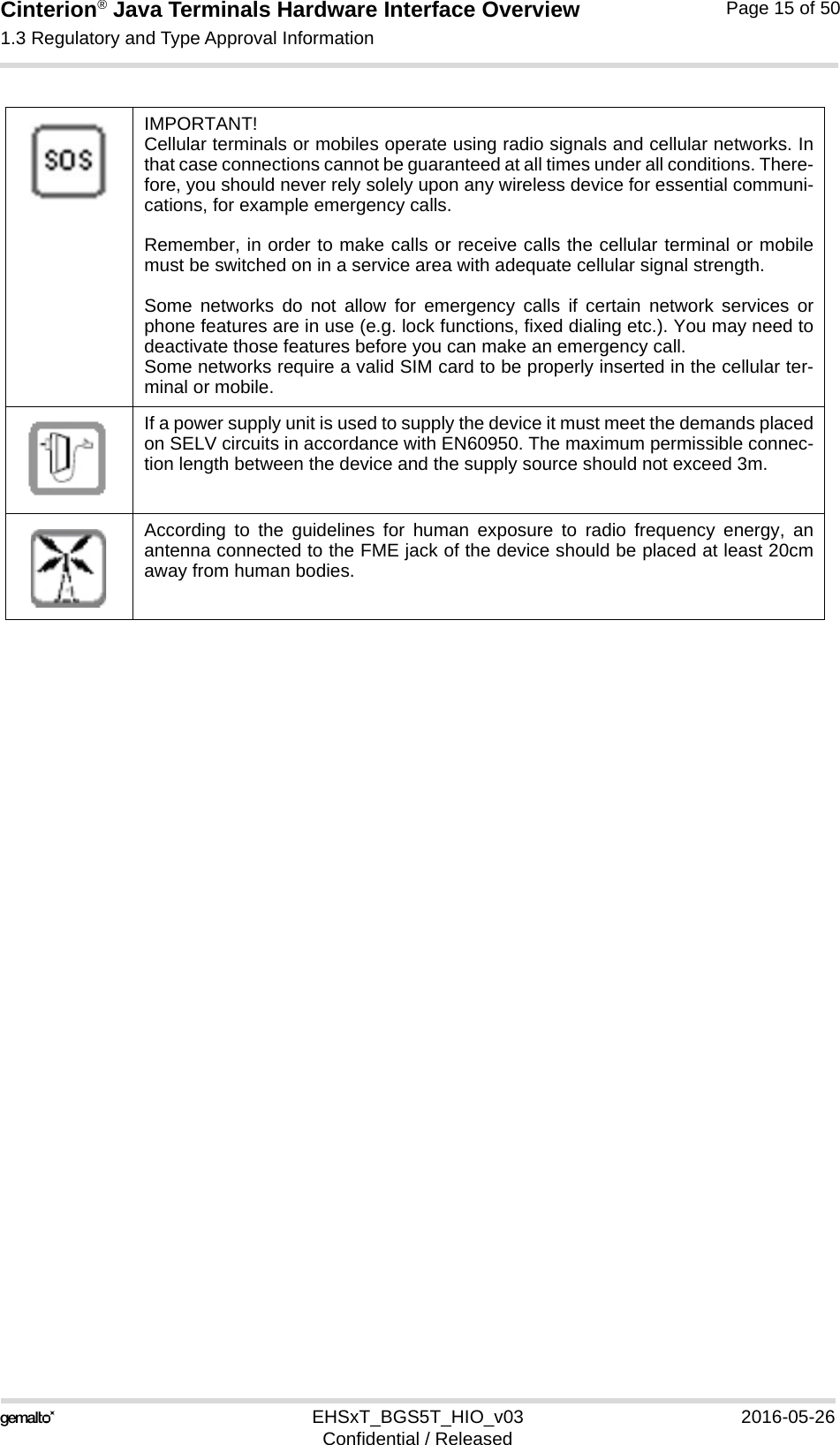 Cinterion® Java Terminals Hardware Interface Overview1.3 Regulatory and Type Approval Information16EHSxT_BGS5T_HIO_v03 2016-05-26Confidential / ReleasedPage 15 of 50IMPORTANT!Cellular terminals or mobiles operate using radio signals and cellular networks. Inthat case connections cannot be guaranteed at all times under all conditions. There-fore, you should never rely solely upon any wireless device for essential communi-cations, for example emergency calls. Remember, in order to make calls or receive calls the cellular terminal or mobilemust be switched on in a service area with adequate cellular signal strength. Some networks do not allow for emergency calls if certain network services orphone features are in use (e.g. lock functions, fixed dialing etc.). You may need todeactivate those features before you can make an emergency call.Some networks require a valid SIM card to be properly inserted in the cellular ter-minal or mobile.If a power supply unit is used to supply the device it must meet the demands placedon SELV circuits in accordance with EN60950. The maximum permissible connec-tion length between the device and the supply source should not exceed 3m.According to the guidelines for human exposure to radio frequency energy, anantenna connected to the FME jack of the device should be placed at least 20cmaway from human bodies.