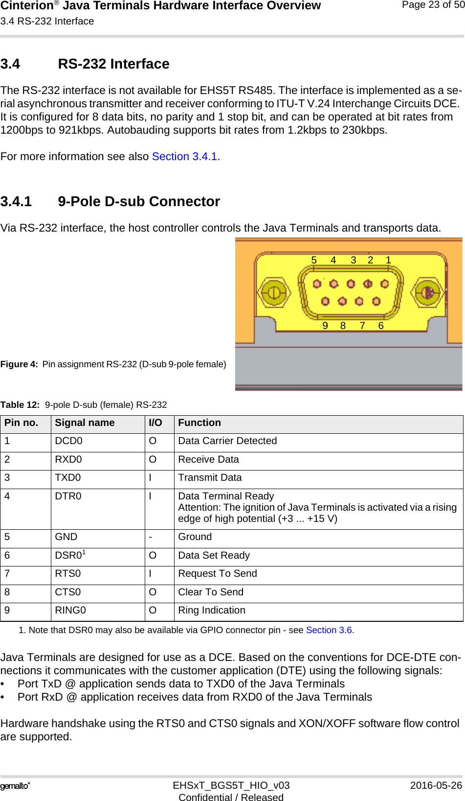 Cinterion® Java Terminals Hardware Interface Overview3.4 RS-232 Interface39EHSxT_BGS5T_HIO_v03 2016-05-26Confidential / ReleasedPage 23 of 503.4 RS-232 InterfaceThe RS-232 interface is not available for EHS5T RS485. The interface is implemented as a se-rial asynchronous transmitter and receiver conforming to ITU-T V.24 Interchange Circuits DCE. It is configured for 8 data bits, no parity and 1 stop bit, and can be operated at bit rates from 1200bps to 921kbps. Autobauding supports bit rates from 1.2kbps to 230kbps.For more information see also Section 3.4.1.3.4.1 9-Pole D-sub ConnectorVia RS-232 interface, the host controller controls the Java Terminals and transports data.Figure 4:  Pin assignment RS-232 (D-sub 9-pole female)Java Terminals are designed for use as a DCE. Based on the conventions for DCE-DTE con-nections it communicates with the customer application (DTE) using the following signals:• Port TxD @ application sends data to TXD0 of the Java Terminals• Port RxD @ application receives data from RXD0 of the Java TerminalsHardware handshake using the RTS0 and CTS0 signals and XON/XOFF software flow control are supported.Table 12:  9-pole D-sub (female) RS-232Pin no. Signal name I/O Function1 DCD0 O Data Carrier Detected2 RXD0 O Receive Data3 TXD0 I Transmit Data4 DTR0 I Data Terminal Ready Attention: The ignition of Java Terminals is activated via a rising edge of high potential (+3 ... +15 V) 5 GND - Ground6DSR011. Note that DSR0 may also be available via GPIO connector pin - see Section 3.6.O Data Set Ready7 RTS0 I Request To Send8 CTS0 O Clear To Send9 RING0 O Ring Indication123456789