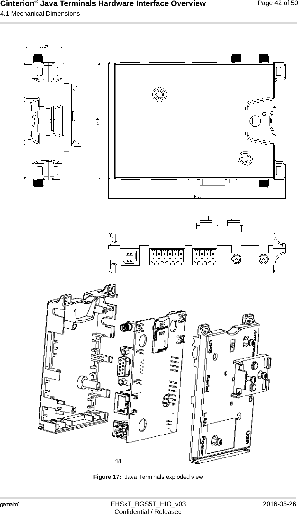 Cinterion® Java Terminals Hardware Interface Overview4.1 Mechanical Dimensions44EHSxT_BGS5T_HIO_v03 2016-05-26Confidential / ReleasedPage 42 of 50Figure 17:  Java Terminals exploded view