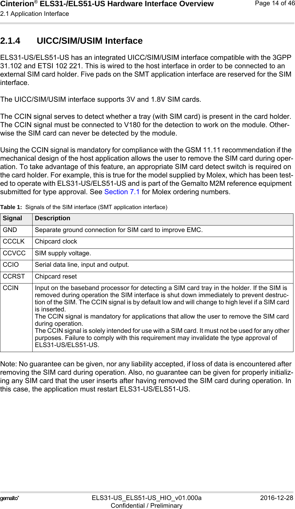 Cinterion® ELS31-/ELS51-US Hardware Interface Overview2.1 Application Interface29ELS31-US_ELS51-US_HIO_v01.000a 2016-12-28Confidential / PreliminaryPage 14 of 462.1.4 UICC/SIM/USIM InterfaceELS31-US/ELS51-US has an integrated UICC/SIM/USIM interface compatible with the 3GPP 31.102 and ETSI 102 221. This is wired to the host interface in order to be connected to an external SIM card holder. Five pads on the SMT application interface are reserved for the SIM interface. The UICC/SIM/USIM interface supports 3V and 1.8V SIM cards. The CCIN signal serves to detect whether a tray (with SIM card) is present in the card holder. The CCIN signal must be connected to V180 for the detection to work on the module. Other-wise the SIM card can never be detected by the module.Using the CCIN signal is mandatory for compliance with the GSM 11.11 recommendation if the mechanical design of the host application allows the user to remove the SIM card during oper-ation. To take advantage of this feature, an appropriate SIM card detect switch is required on the card holder. For example, this is true for the model supplied by Molex, which has been test-ed to operate with ELS31-US/ELS51-US and is part of the Gemalto M2M reference equipment submitted for type approval. See Section 7.1 for Molex ordering numbers.Note: No guarantee can be given, nor any liability accepted, if loss of data is encountered after removing the SIM card during operation. Also, no guarantee can be given for properly initializ-ing any SIM card that the user inserts after having removed the SIM card during operation. In this case, the application must restart ELS31-US/ELS51-US.Table 1:  Signals of the SIM interface (SMT application interface)Signal DescriptionGND Separate ground connection for SIM card to improve EMC.CCCLK Chipcard clockCCVCC SIM supply voltage.CCIO Serial data line, input and output.CCRST Chipcard resetCCIN Input on the baseband processor for detecting a SIM card tray in the holder. If the SIM is removed during operation the SIM interface is shut down immediately to prevent destruc-tion of the SIM. The CCIN signal is by default low and will change to high level if a SIM card is inserted.The CCIN signal is mandatory for applications that allow the user to remove the SIM card during operation. The CCIN signal is solely intended for use with a SIM card. It must not be used for any other purposes. Failure to comply with this requirement may invalidate the type approval of ELS31-US/ELS51-US.